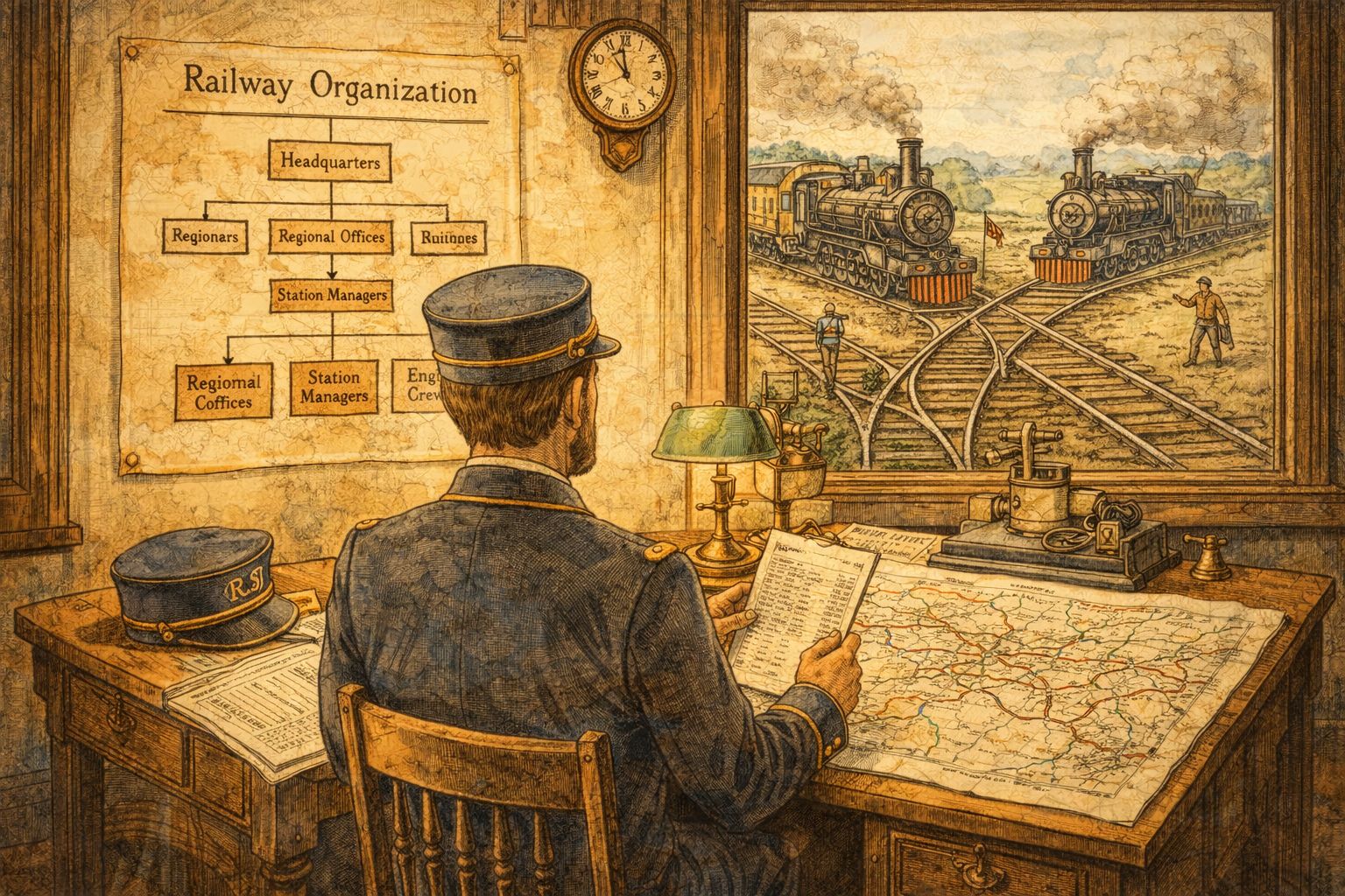 19 世纪铁路调度室内，墙上挂着早期公司组织架构图，桌上有铁路线地图、时刻表和军校风格制服帽，远处两列火车在岔道口交错，羊皮纸，钢笔彩色手绘的统一风格。