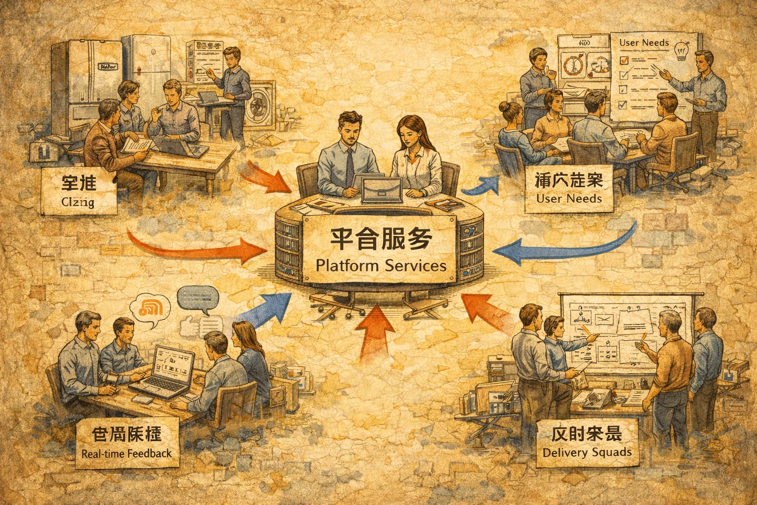多个小型创业战队围绕一个大型平台中枢协作，中心写着“平台服务”，四周是家电、用户需求清单、交付小组和即时反馈箭头，呈现海尔式人单合一的繁忙场景，羊皮纸，钢笔彩色手绘的统一风格。