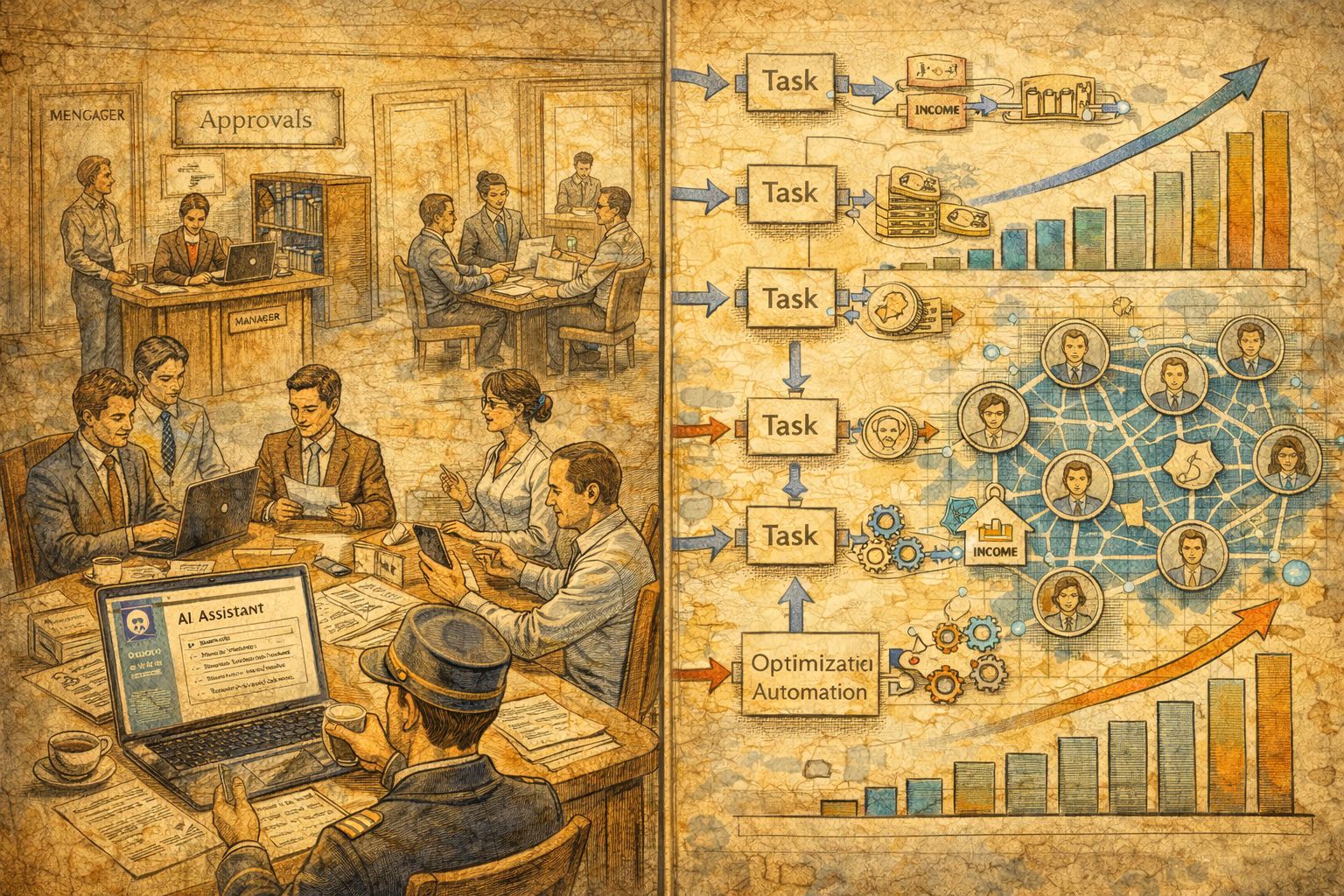 一间传统办公室里，员工们仍在层层审批和开会，桌上只是多放了一个 AI 助手窗口；另一侧则是自动流转的任务、收入增长曲线和被重构的组织节点形成鲜明对比，羊皮纸，钢笔彩色手绘的统一风格。