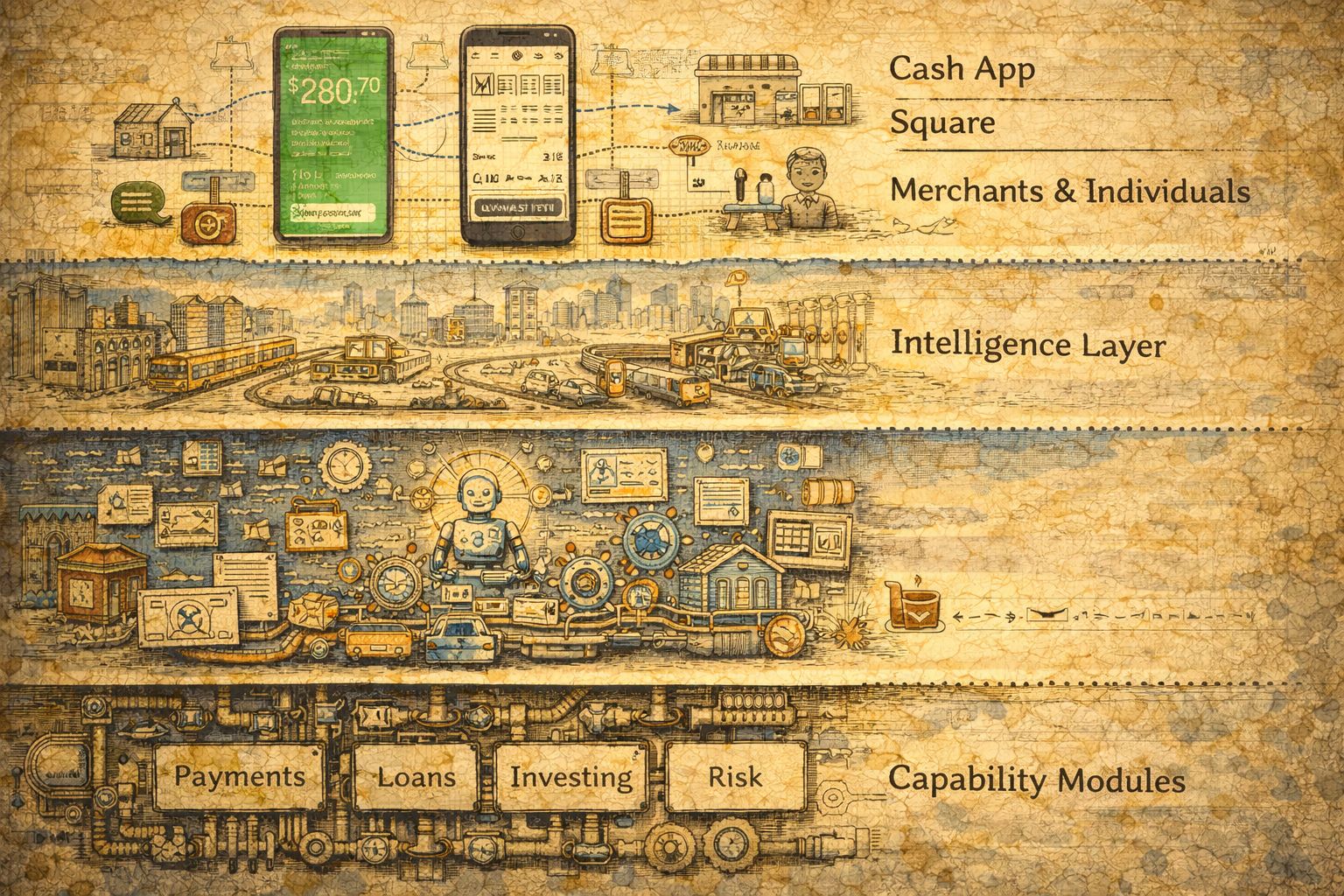 一幅清晰的四层剖面图，自下而上分别是支付借贷等能力模块、由真实交易流构成的世界模型、正在分析与编排方案的智能层、以及面向商家和个人的 Cash App 与 Square 界面层，羊皮纸，钢笔彩色手绘的统一风格。