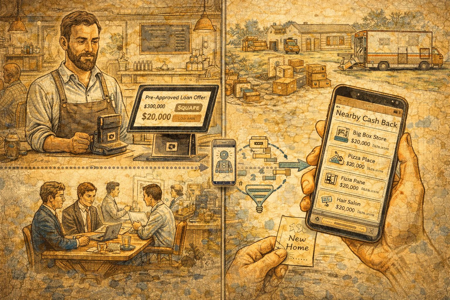 商户收银终端前，一家餐厅老板看到系统自动弹出贷款额度建议；另一侧新搬家用户的手机上出现附近返现点与优惠推荐，两条场景由同一套智能流程相连，羊皮纸，钢笔彩色手绘的统一风格。