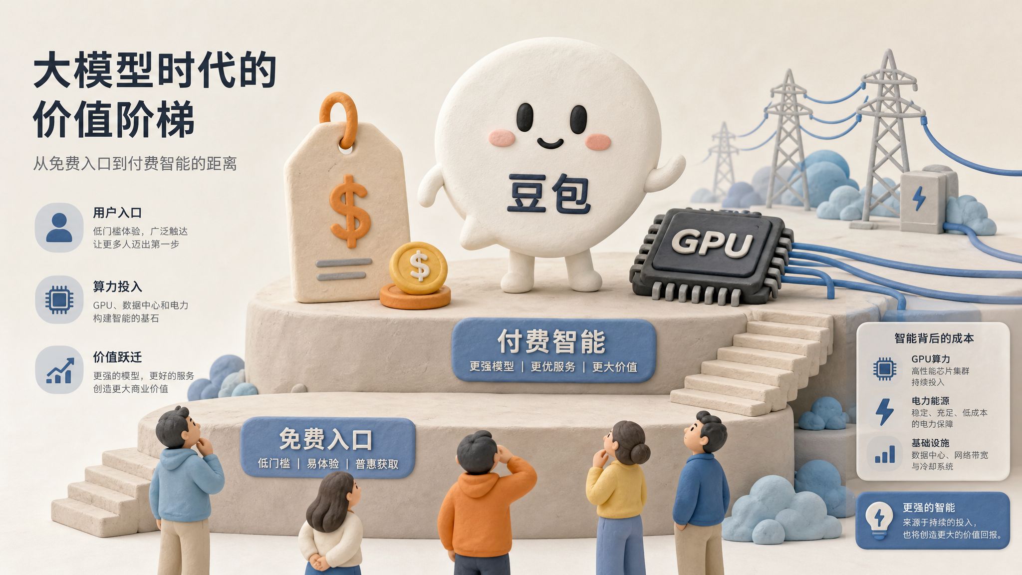 巨大的豆包聊天气泡站在价格标签、GPU 芯片和电力塔之间，普通用户在前景抬头观察，画面用分层台阶表现免费入口与付费智能的距离，浅色背景的商业评论版橡皮泥平面信息图的统一风格。