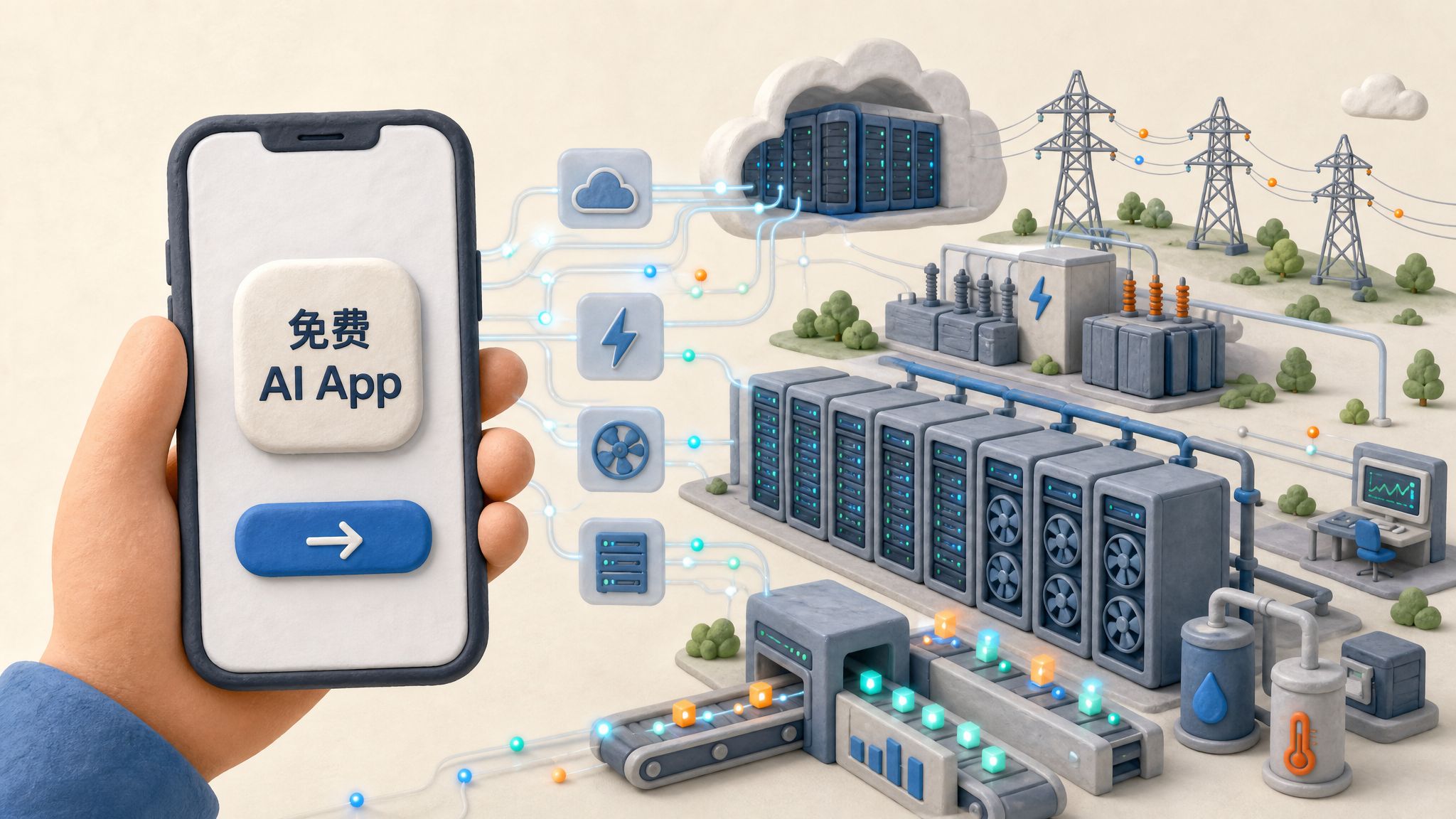 手机里的免费 AI App 图标背后连着云计算机房、电力线路和成排 GPU 服务器，前景用户只看到简洁按钮，背景工厂正在高速运转，浅色背景的商业评论版橡皮泥平面信息图的统一风格。
