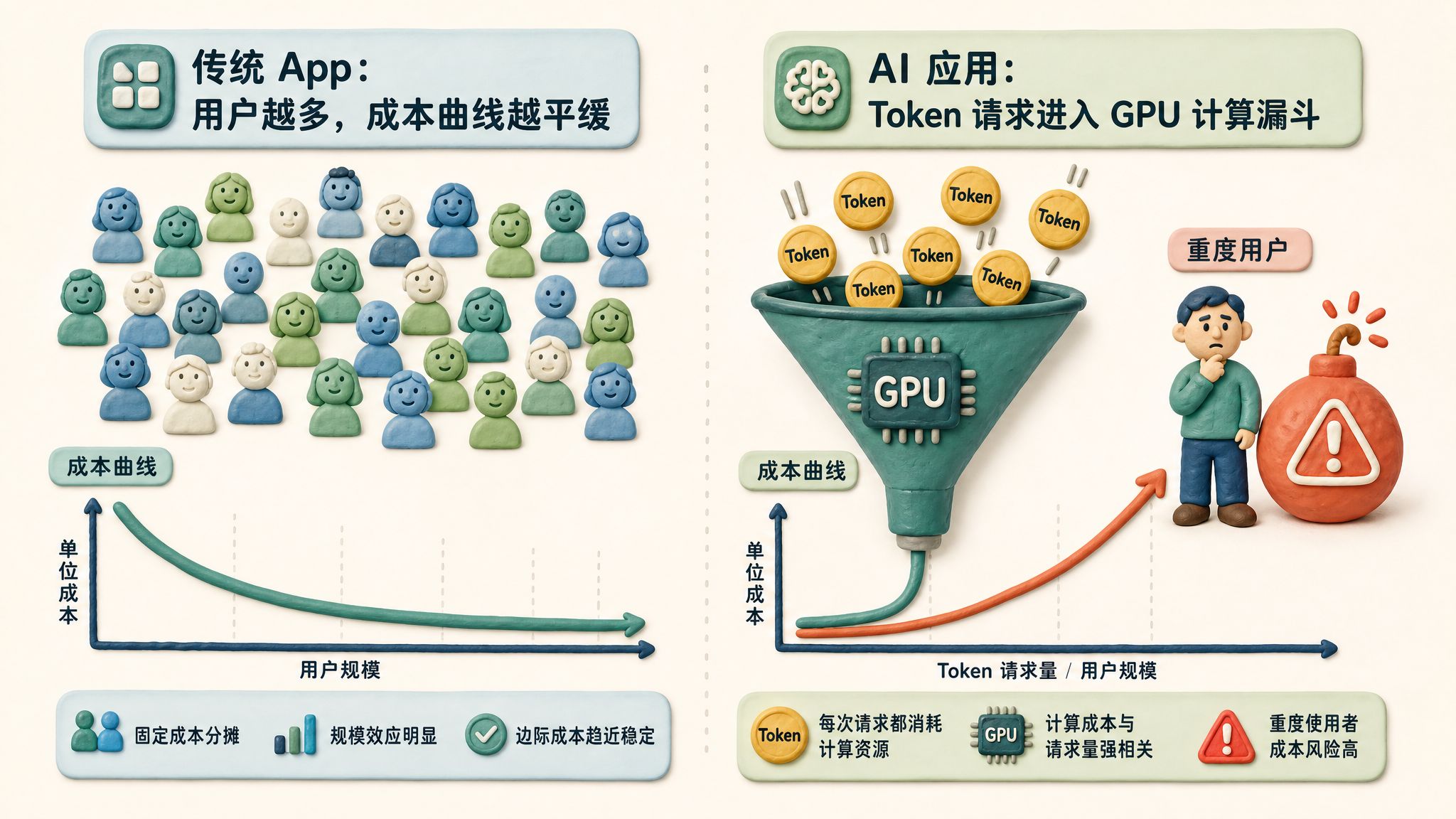 左侧传统 App 用户越多成本曲线越平缓，右侧 AI 请求像一枚枚 Token 硬币掉进 GPU 计算漏斗，重度用户旁边亮起成本炸弹图标，浅色背景的商业评论版橡皮泥平面信息图的统一风格。