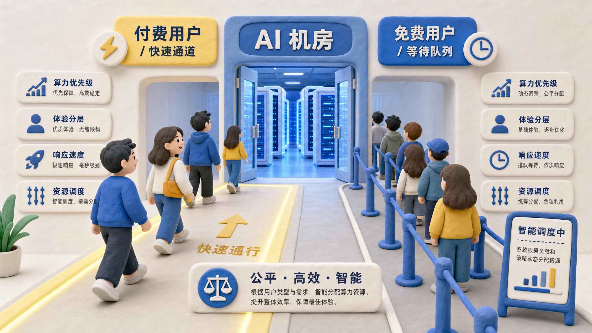 两条并行通道通向同一个 AI 机房，付费用户走快速明亮通道，免费用户在较窄队列中等待，墙上标着算力优先级和体验分层，浅色背景的商业评论版橡皮泥平面信息图的统一风格。