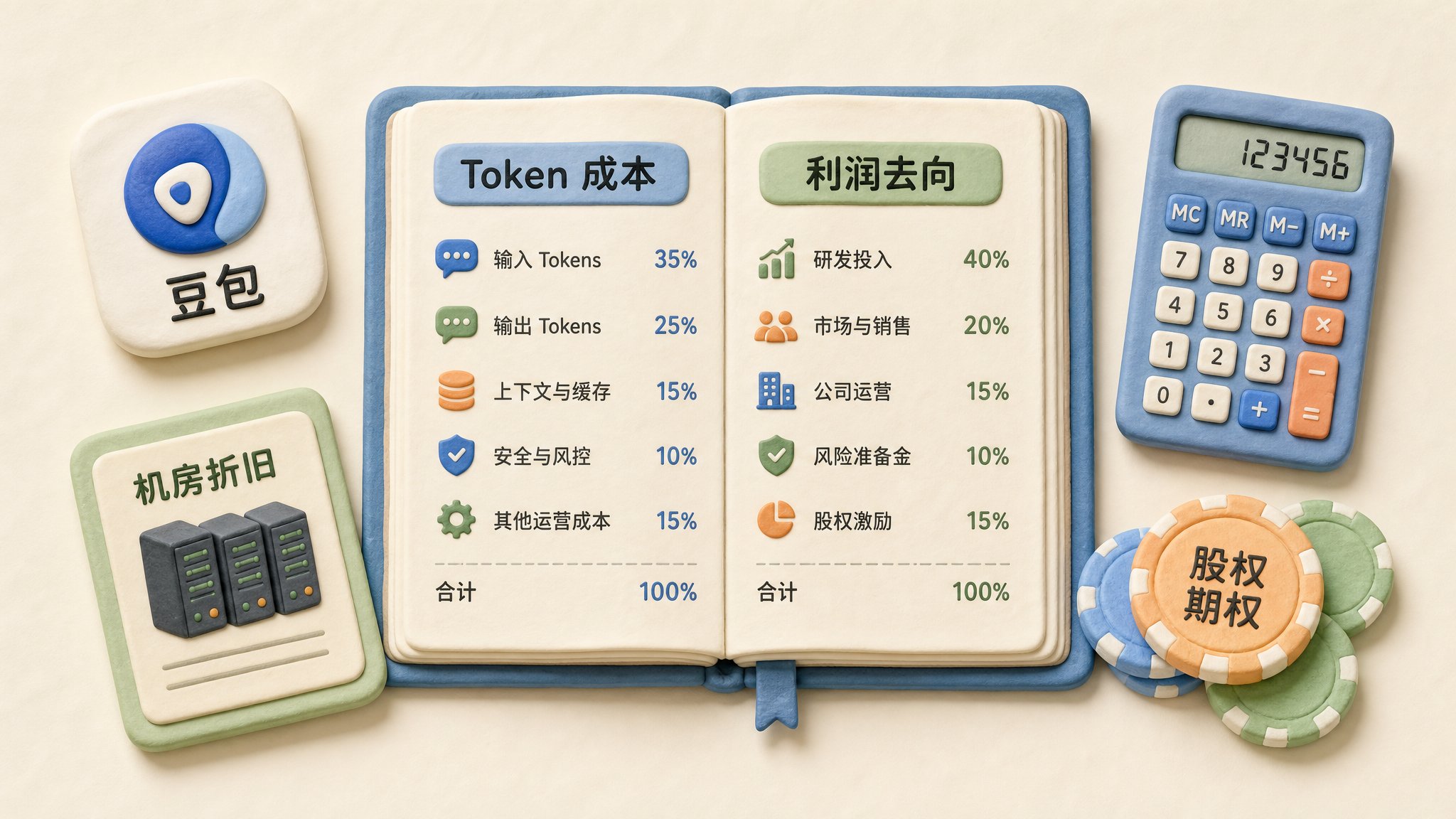 一张企业账本被分成 Token 成本和利润去向两栏，计算器旁边放着豆包图标、机房折旧卡片和股权期权筹码，浅色背景的商业评论版橡皮泥平面信息图的统一风格。