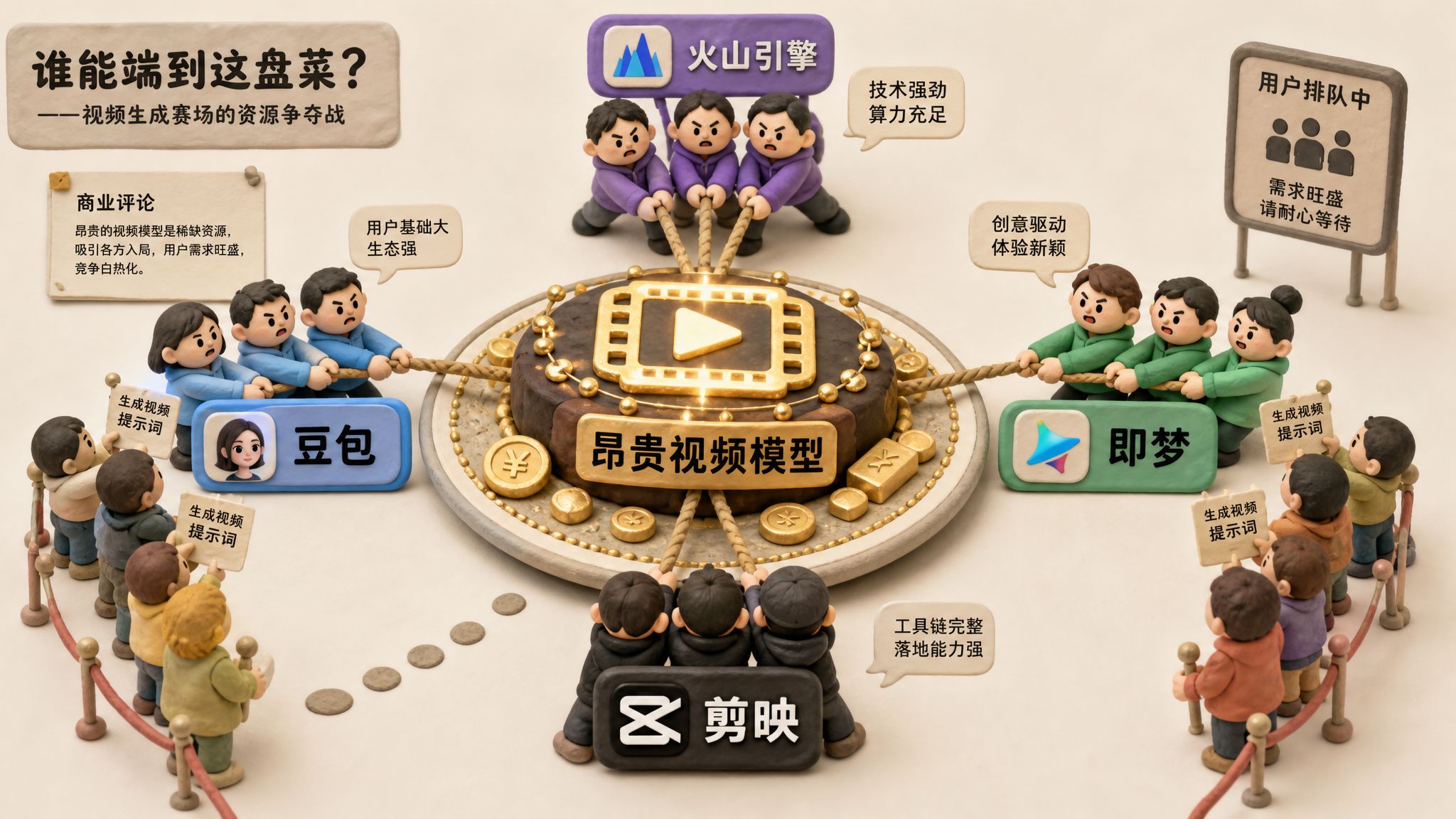 一个昂贵的视频模型像自助餐厅中央最受欢迎的大菜，豆包、即梦、剪映和火山引擎四个团队从不同方向拉扯同一盘资源，队列用户举着生成视频提示词等待，浅色背景的商业评论版橡皮泥平面信息图的统一风格。