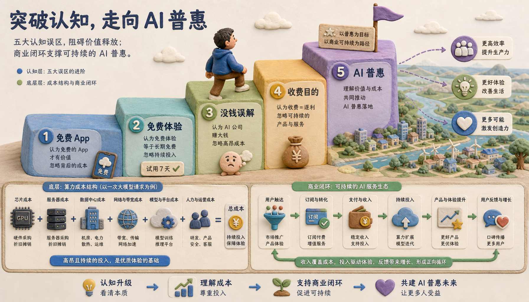 五个认知差像五层阶梯从免费 App、免费体验、没钱误解、收费目的到 AI 普惠，用户沿阶梯向上看到底层算力成本和商业闭环全景，浅色背景的商业评论版橡皮泥平面信息图的统一风格。