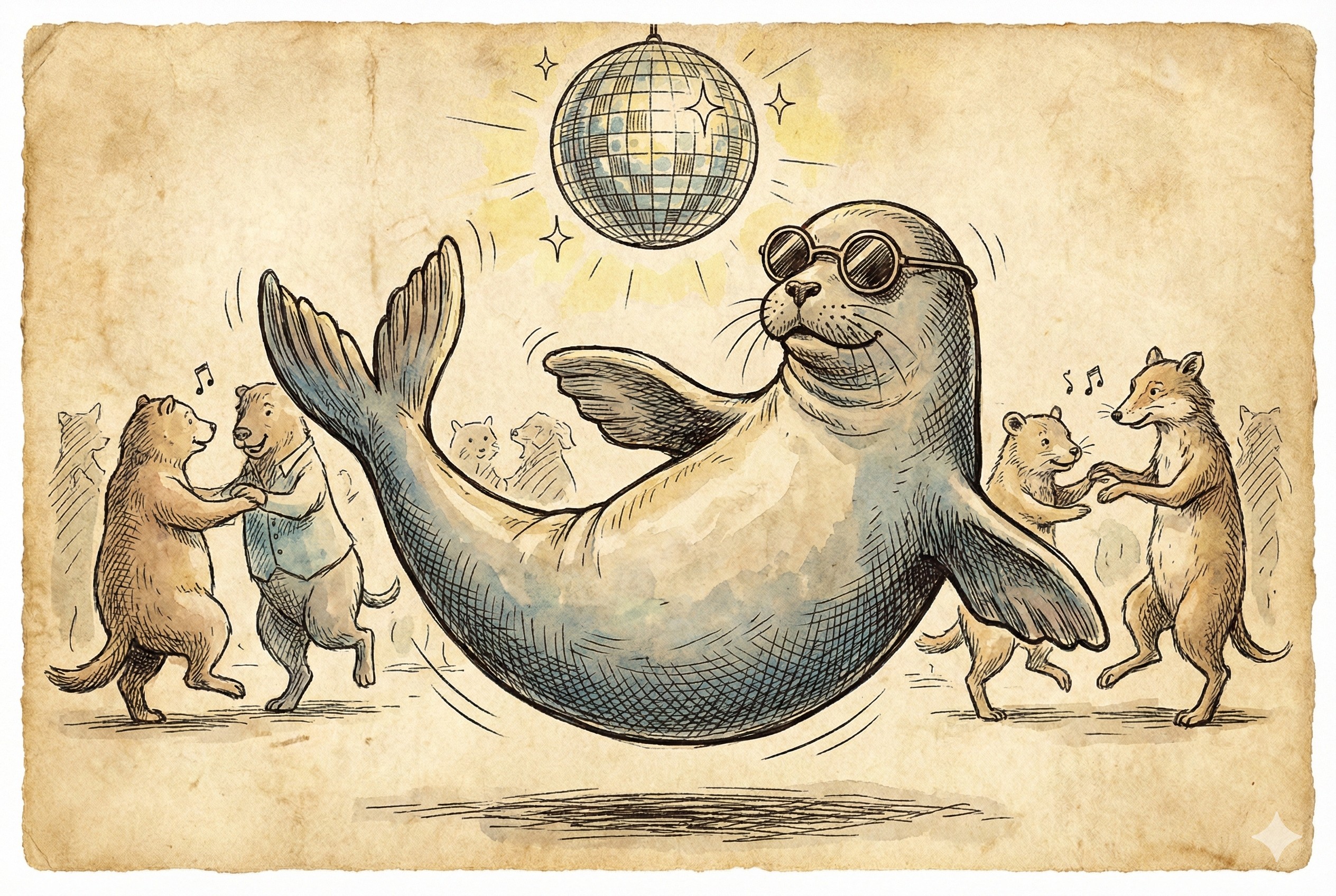 一只戴着墨镜的可爱海豹在迪斯科球下跳舞，动作滑稽，羊皮纸，钢笔彩色手绘的统一风格。
