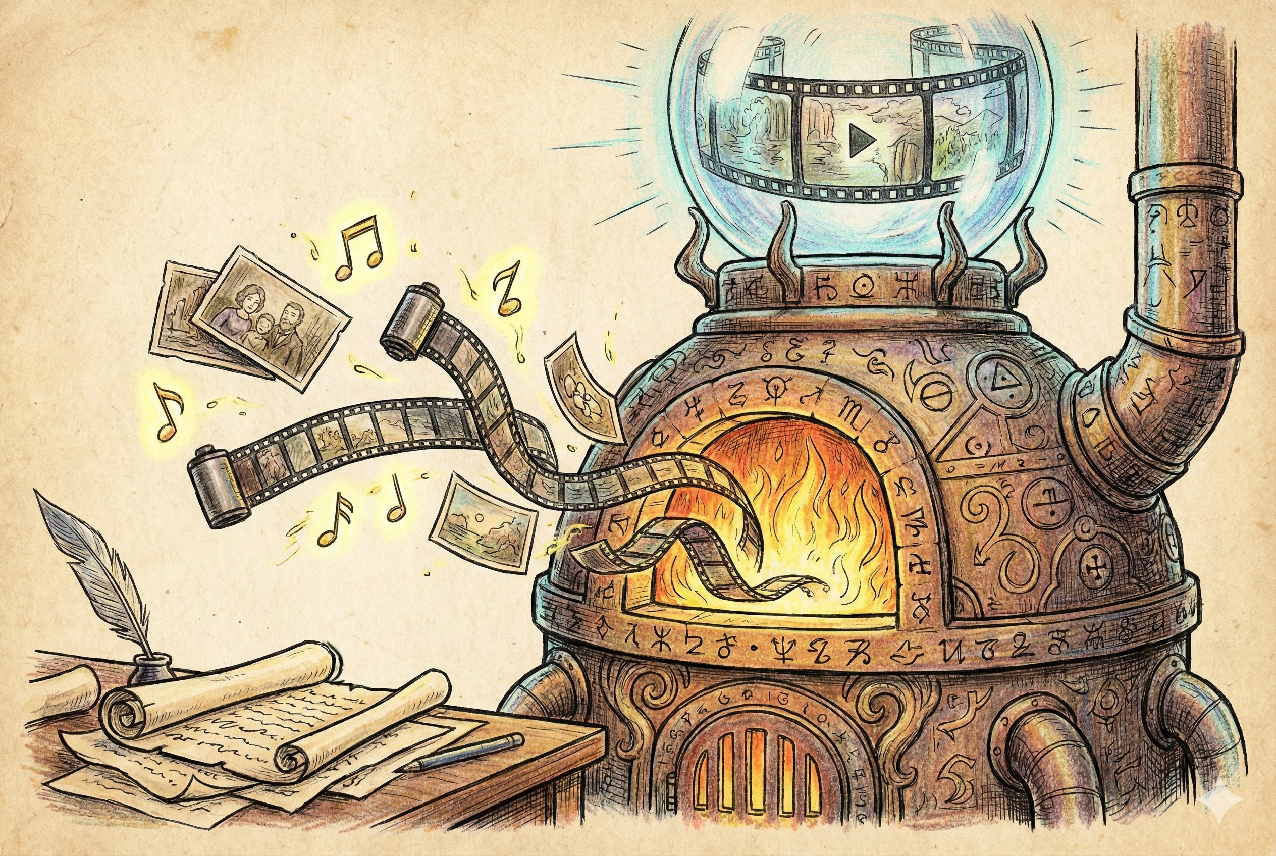 一个巨大的魔法炼丹炉，里面投入了照片、胶卷和音符，正在炼制发光的视频水晶球，羊皮纸，钢笔彩色手绘的统一风格。