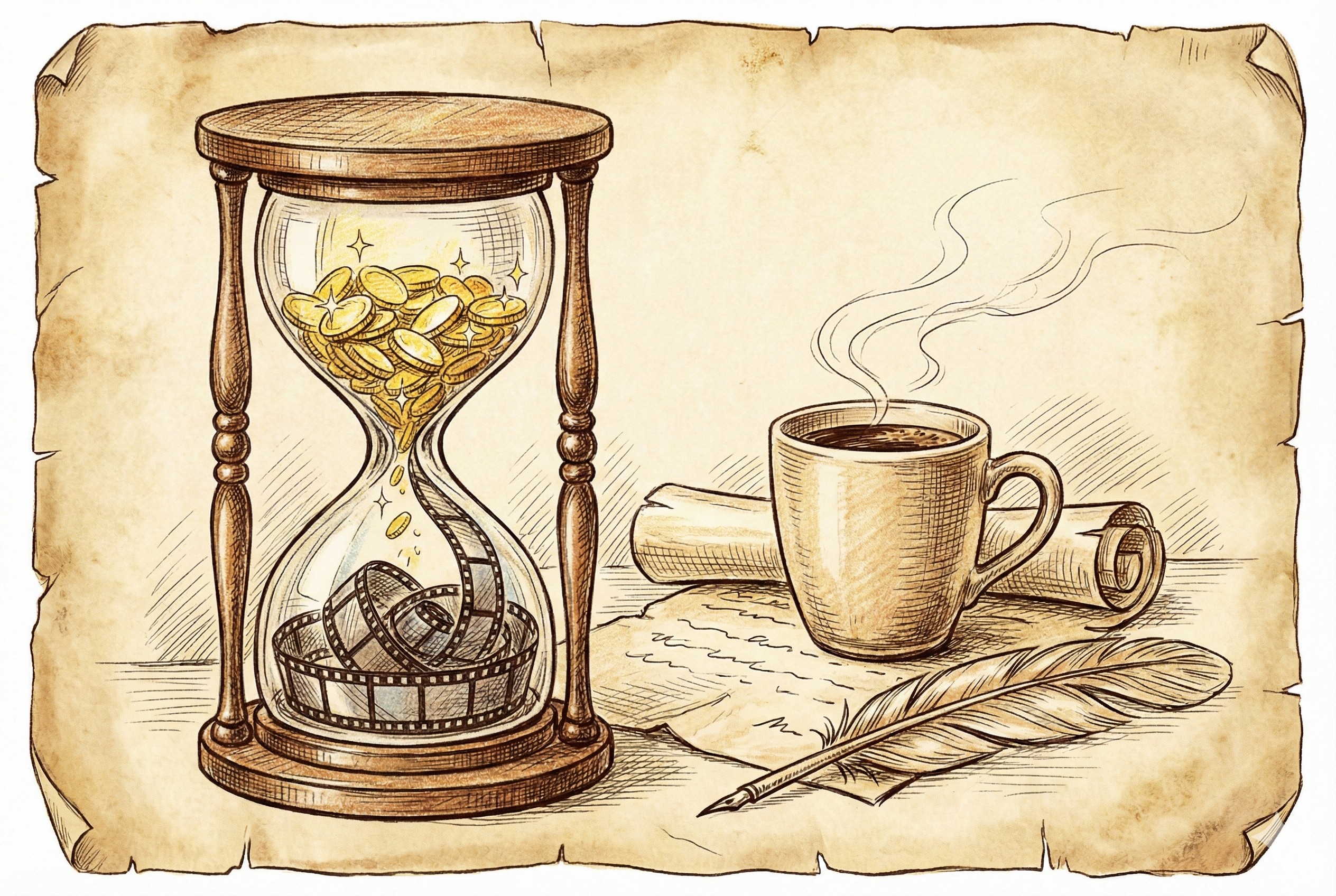 一个沙漏，里面的沙子是金币，漏下去后变成了电影胶卷，旁边放着一杯冒热气的咖啡，羊皮纸，钢笔彩色手绘的统一风格。