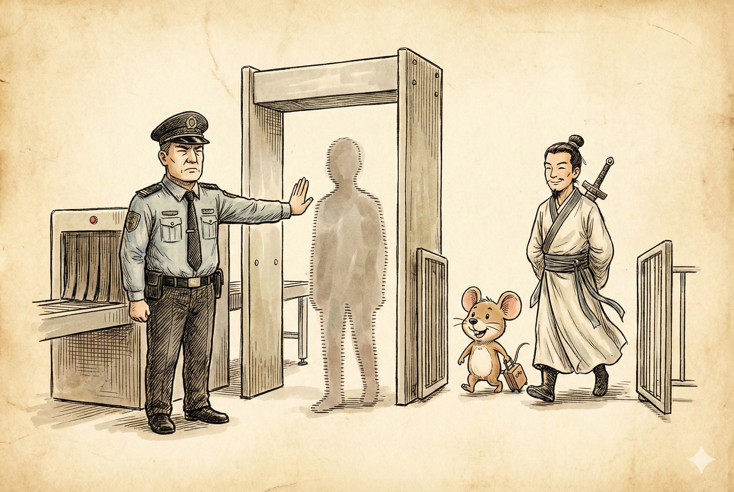 一个严肃的保安在安检口拦住了一个模糊的人影，但放行了一只卡通老鼠和一个穿着古装的剑客，羊皮纸，钢笔彩色手绘的统一风格。
