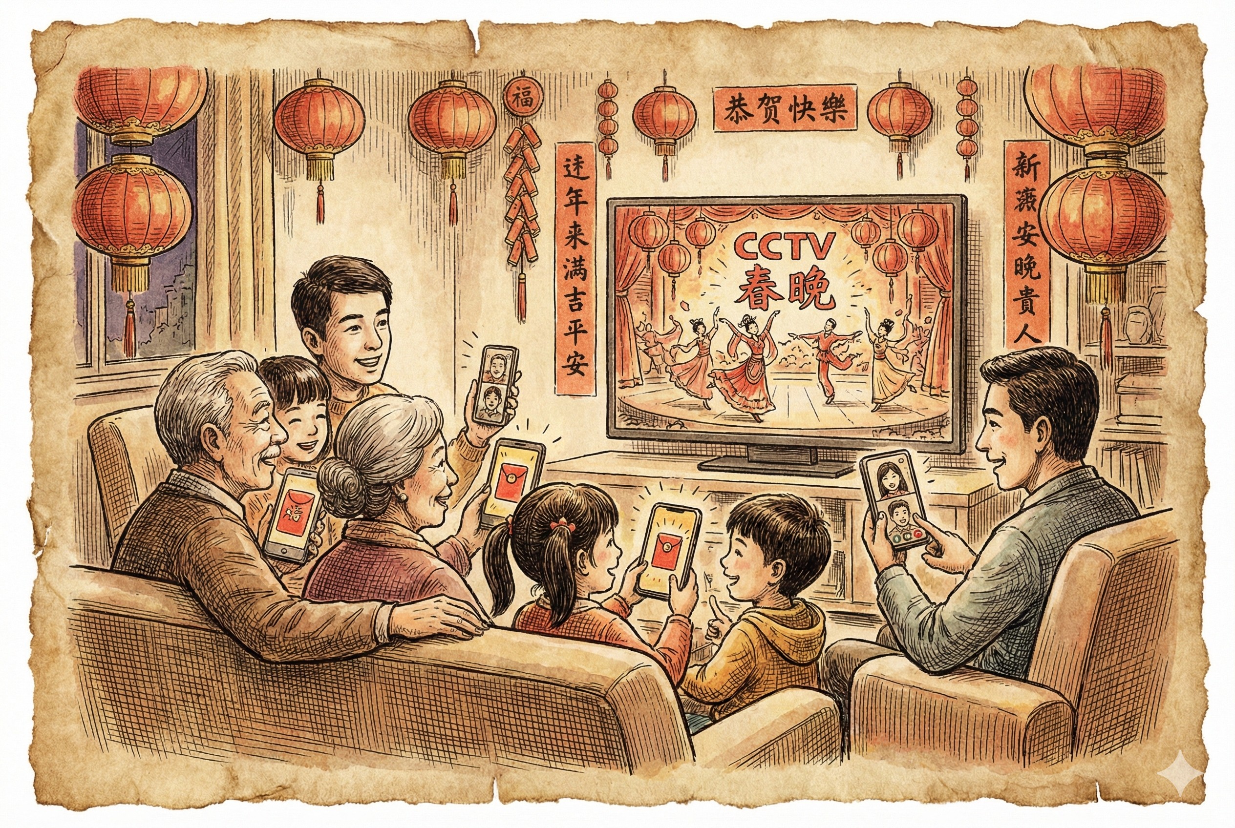 一家人围坐在电视机前看春晚，手里拿着手机发送视频红包，背景挂着红灯笼，羊皮纸，钢笔彩色手绘的统一风格。