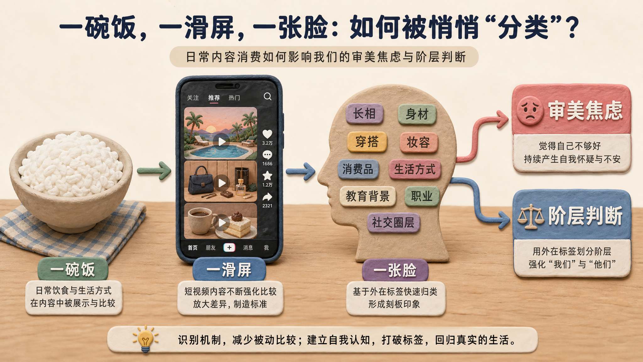 一张餐桌上的米饭碗、手机短视频界面和被标签化的人脸轮廓并列摆放，箭头指向“审美焦虑”和“阶层判断”的视觉关系，浅色背景的商业评论版橡皮泥平面信息图的统一风格。
