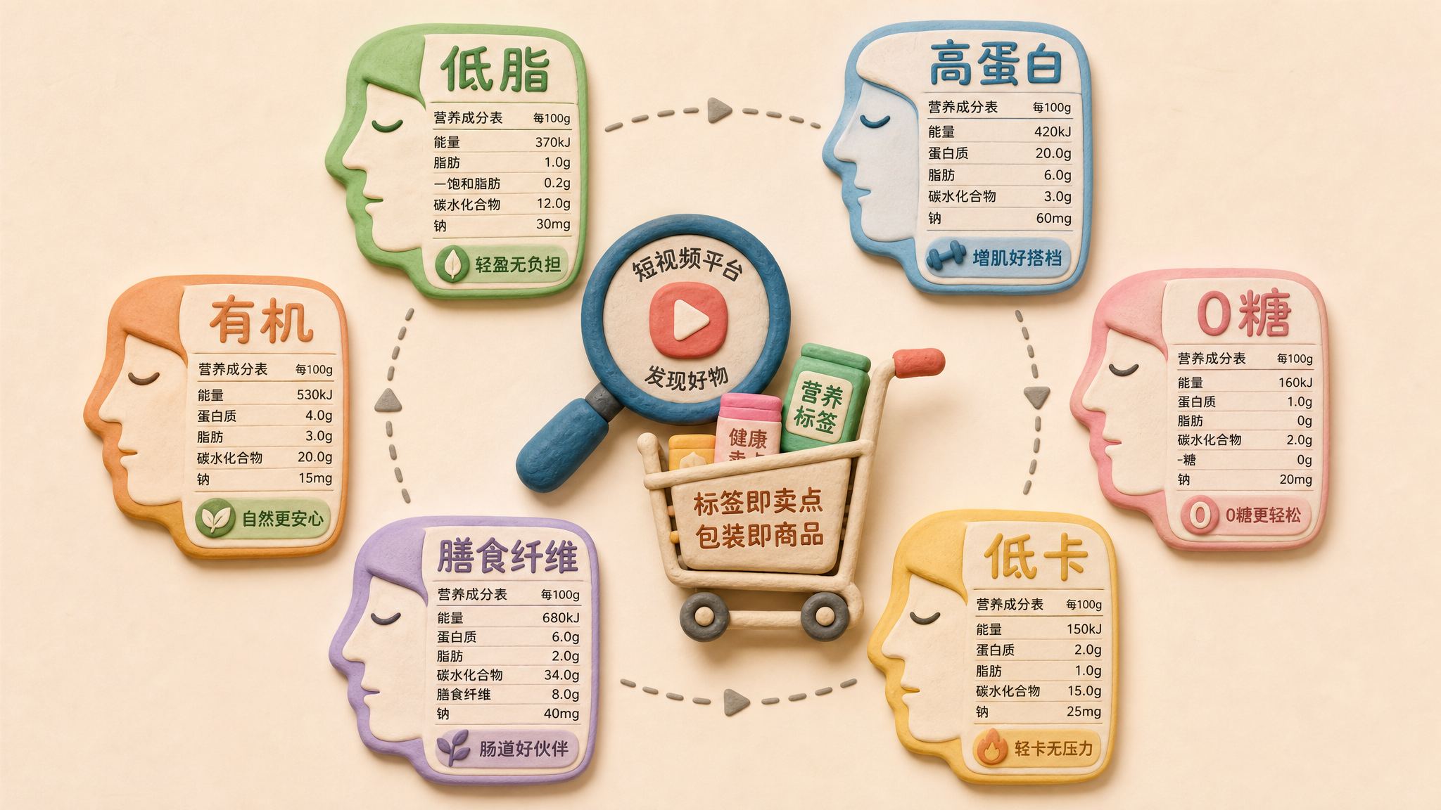 六张被不同营养标签命名的脸谱卡片围成一圈，中间是短视频平台的放大镜和购物车，展示标签如何被包装成商品，浅色背景的商业评论版橡皮泥平面信息图的统一风格。