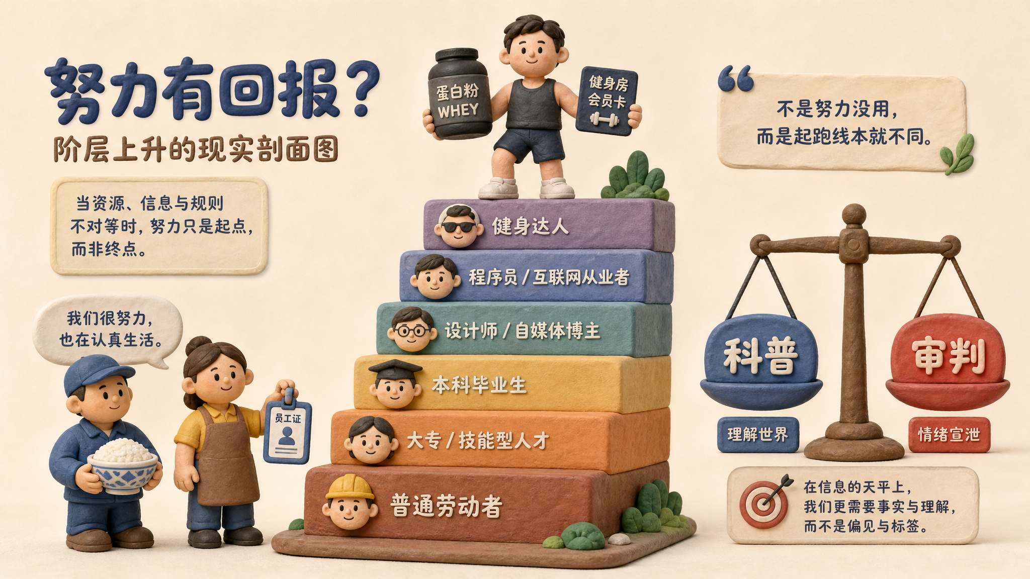 一座由不同脸部标签搭成的阶梯，底层人物拿着饭碗和工牌，顶层人物拿着蛋白粉和健身卡，旁边有天平写着“科普”与“审判”的对比，浅色背景的商业评论版橡皮泥平面信息图的统一风格。