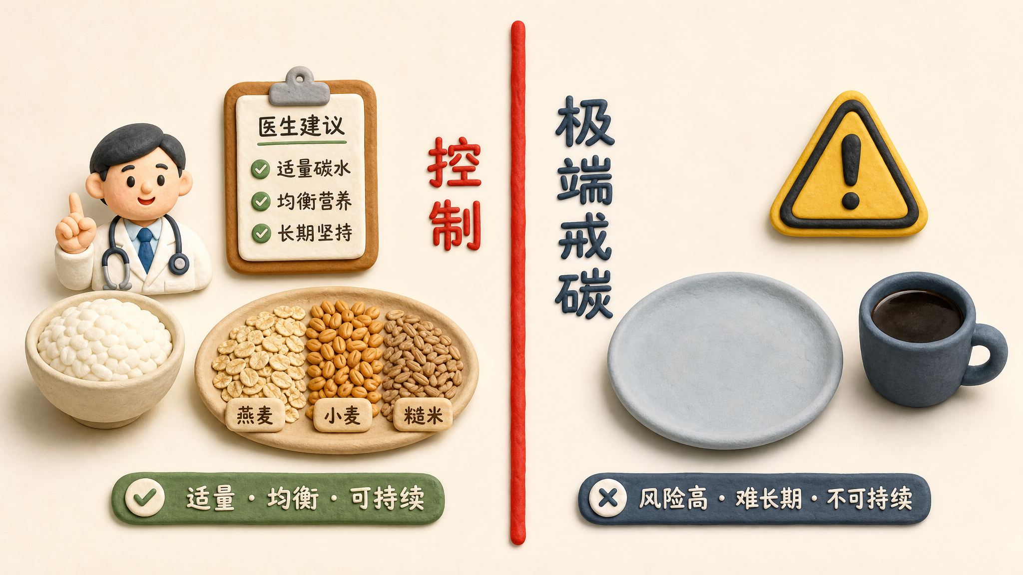 一张健康边界示意图，左侧是米饭、全谷物和医生建议，右侧是空盘子、黑咖啡和危险警示牌，中间用红线标出“控制”与“极端戒碳”的分界，浅色背景的商业评论版橡皮泥平面信息图的统一风格。