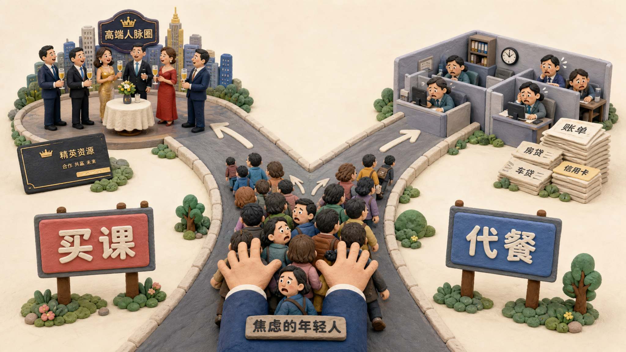 一个“K”形分叉道路上，中间人群被推向两端，一端是高端酒会和精致名片，另一端是工位、账单和焦虑表情，路边广告牌写着买课和代餐，浅色背景的商业评论版橡皮泥平面信息图的统一风格。