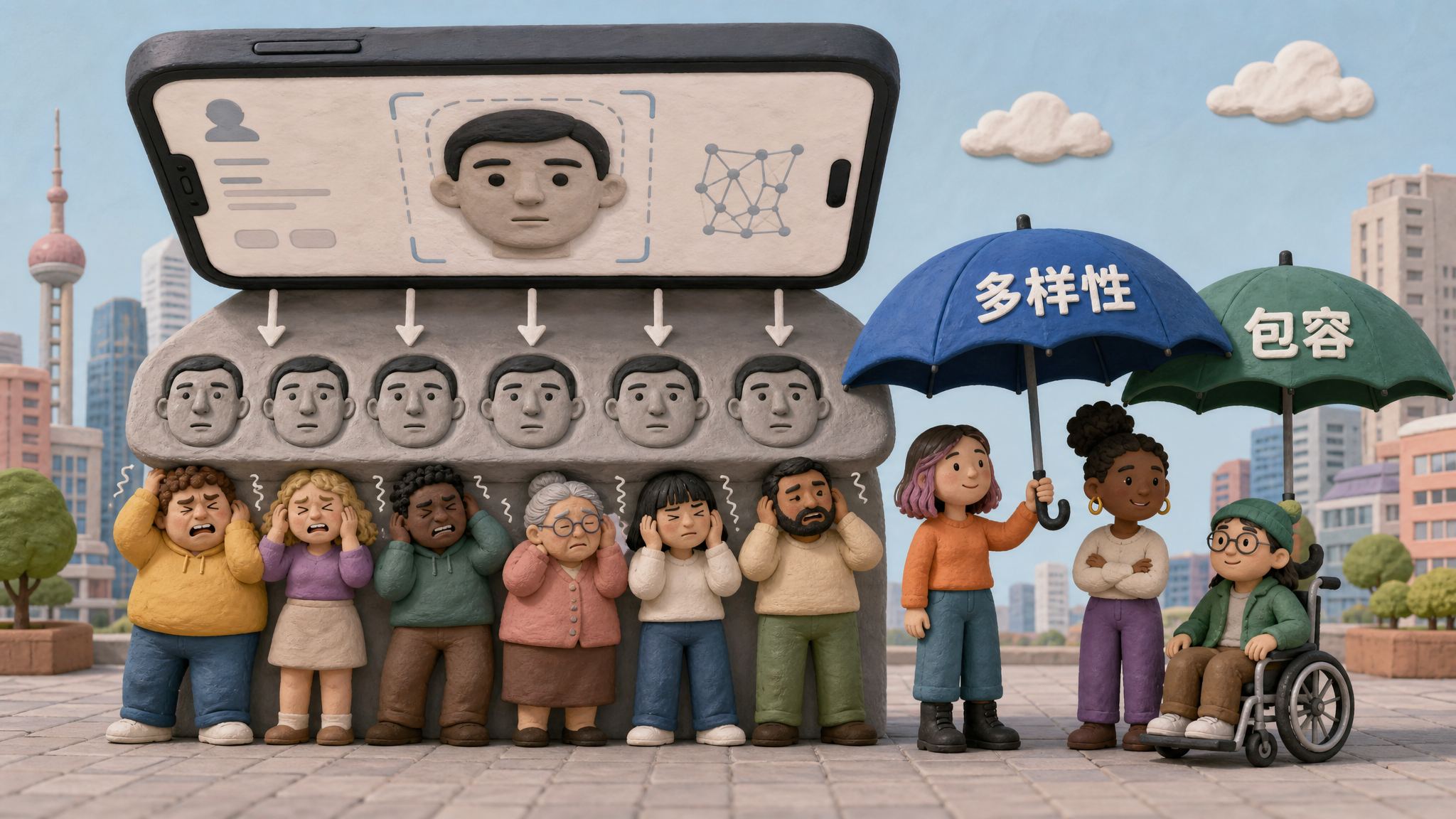 一排不同身材、年龄和表情的人站在城市广场上，头顶手机屏幕试图把他们压成同一种标准脸，旁边打开的伞写着“多样性”和“包容”，浅色背景的商业评论版橡皮泥平面信息图的统一风格。