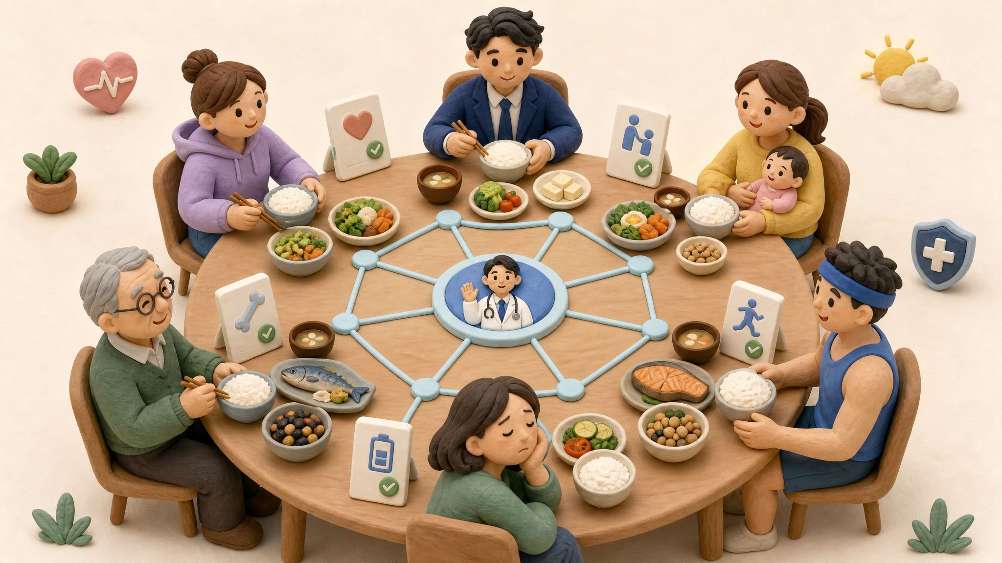 一个圆形餐桌旁坐着不同脸型和生活状态的人，桌上有米饭、蔬菜、蛋白质和医生建议卡片，所有人之间没有等级阶梯而是用平等连线相连，浅色背景的商业评论版橡皮泥平面信息图的统一风格。