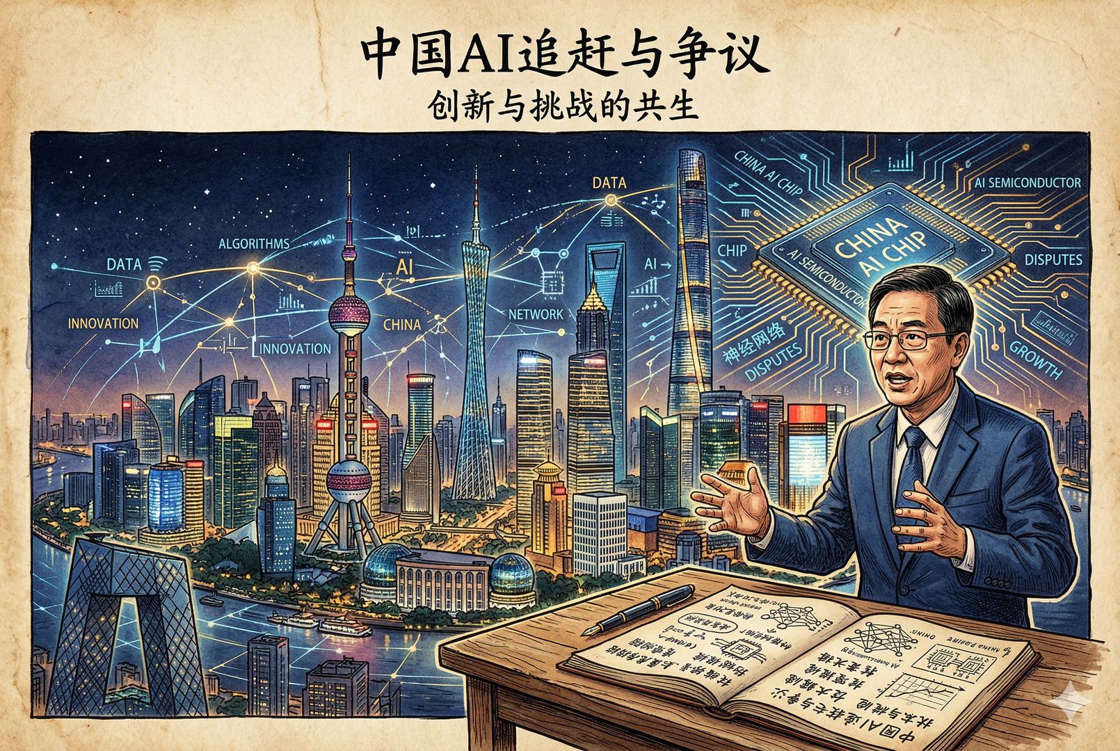夜色中的中国城市天际线与发光的数据网络交织，屏幕前一位讲述者摊开手稿，远处高楼和芯片纹路叠映，营造“中国AI追赶与争议”主题封面，羊皮纸，钢笔彩色手绘的统一风格。