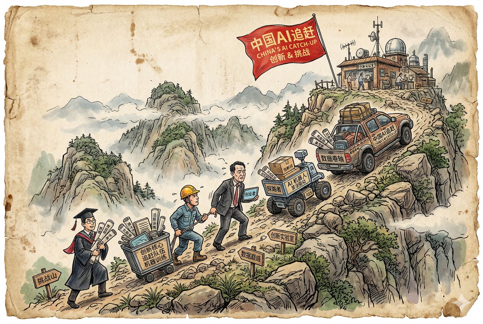 一条陡峭山路上，博士生、工程师、创业者、机器人和装满数据卷轴的车辆一起向山顶实验室攀登，山顶飘着“中国AI追赶”旗帜，画面充满拼命向上的力量，羊皮纸，钢笔彩色手绘的统一风格。