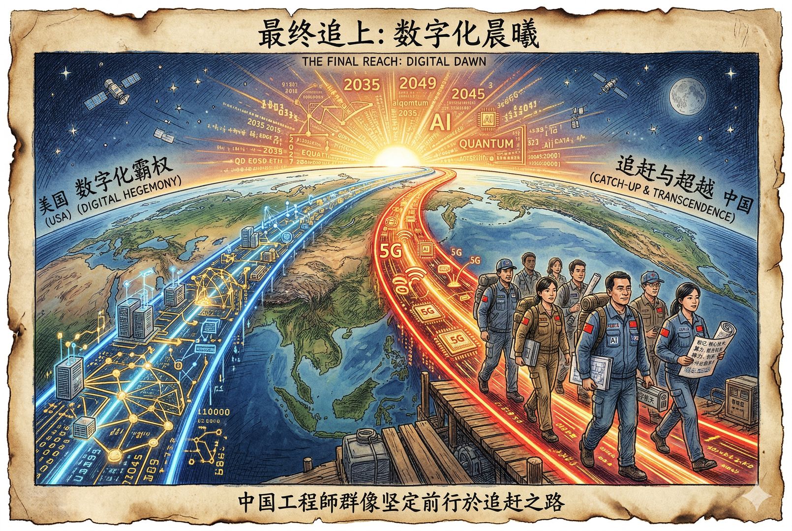 终章式远景，中国与美国两条发光赛道在地球弧面上并行延伸，前方是一轮升起的数字化晨曦，中国工程师群像在前景坚定前行，寓意“最终追上”，羊皮纸，钢笔彩色手绘的统一风格。