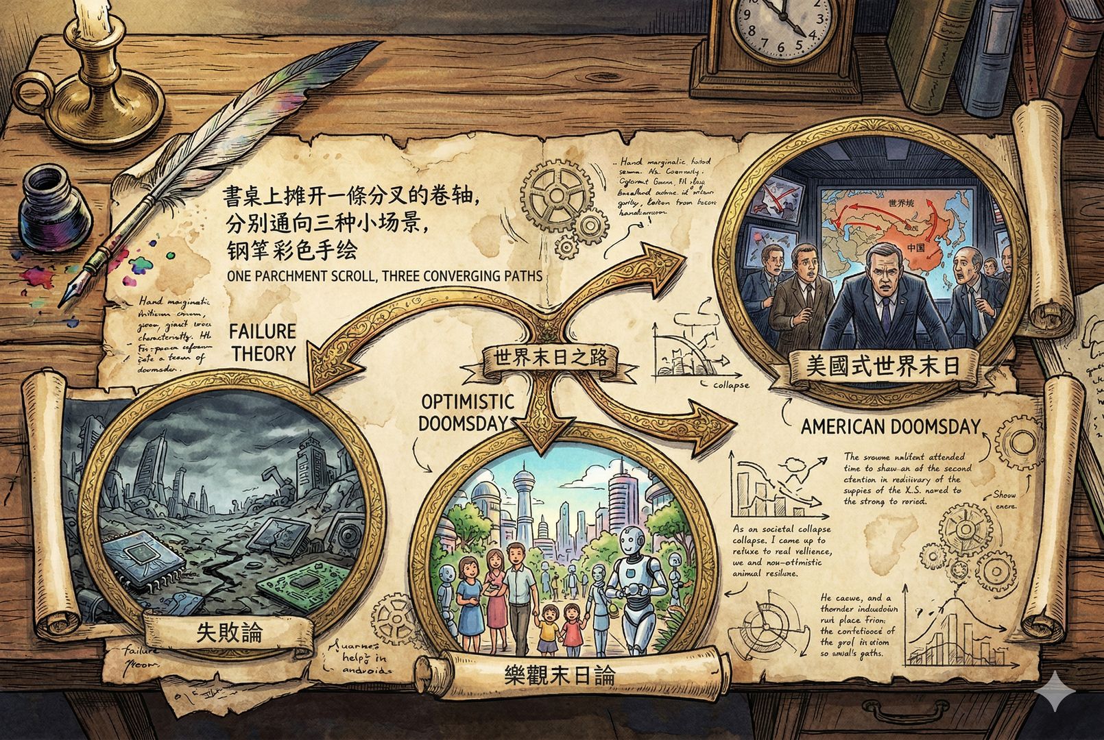 一张书桌上摊开三条分叉的卷轴，分别通向“失败论”“乐观末日论”“美国式世界末日”三个小场景：断裂的芯片、微笑使用机器人的市民、紧张注视东方地图的西方政客，羊皮纸，钢笔彩色手绘的统一风格。