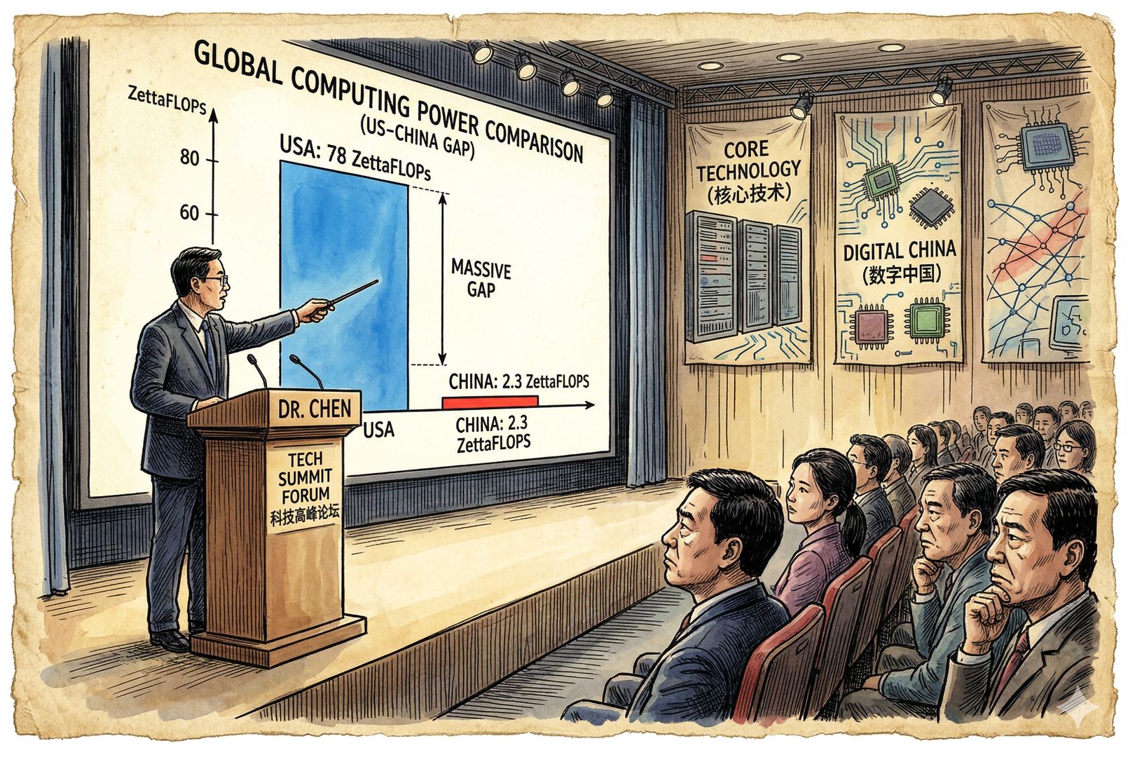 一场科技论坛的侧面视角，台上演讲者指向巨大屏幕上的算力柱状图，中国与美国差距悬殊，台下听众神情凝重，背景夹杂服务器机柜与芯片图样，羊皮纸，钢笔彩色手绘的统一风格。