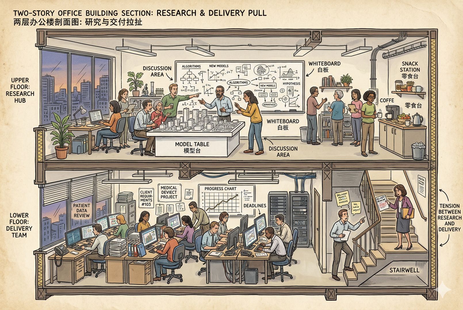 两层办公楼剖面图，上层研究员围着模型白板和零食台激烈讨论，下层交付团队埋头处理医疗项目与客户需求，楼梯间气氛紧张，表现“研究与交付拉扯”，羊皮纸，钢笔彩色手绘的统一风格。