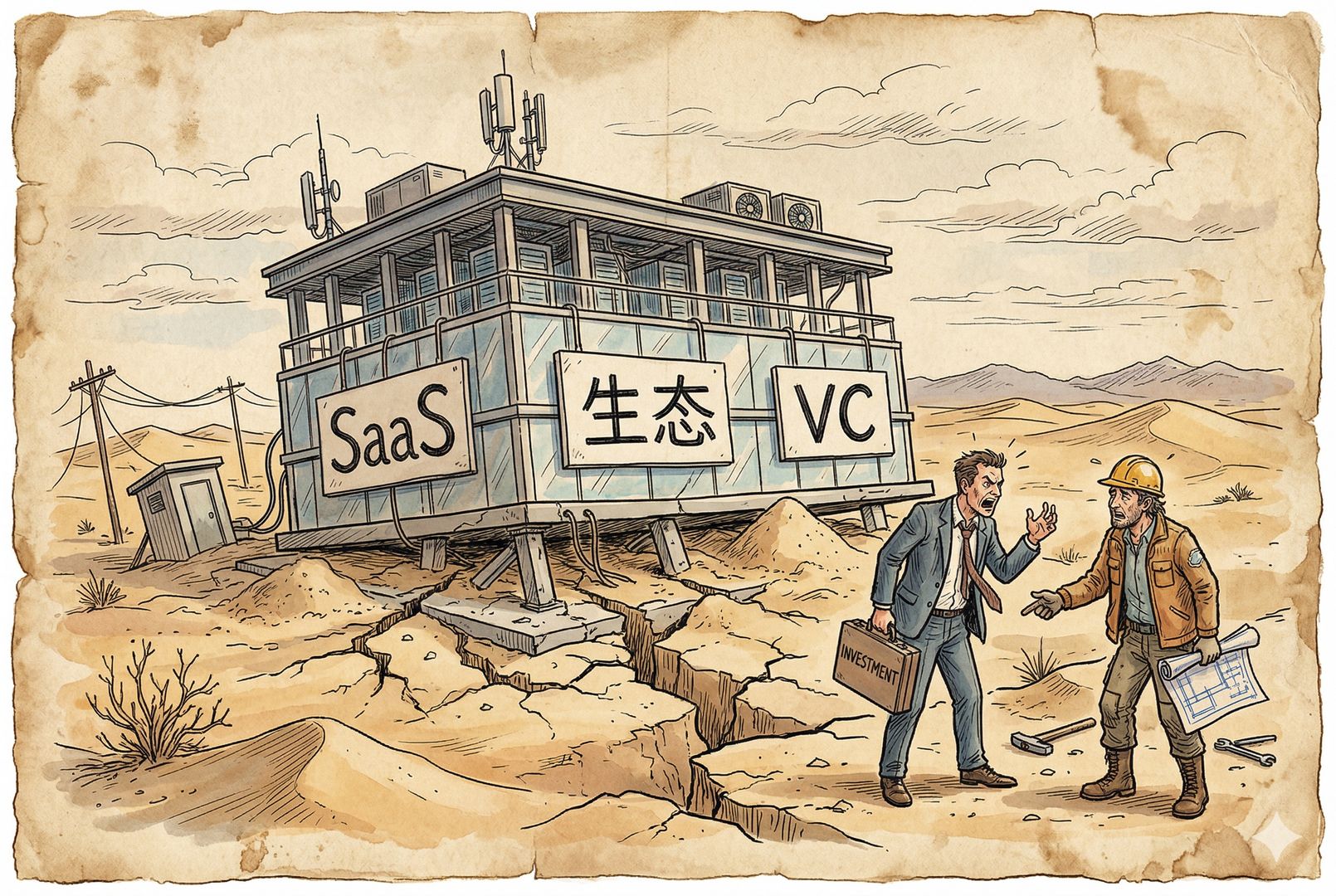 一座建在沙地上的现代数据中心大楼，地基松动开裂，楼体上挂着“SaaS”“生态”“VC”三个标牌，工程师和投资人站在旁边争论，羊皮纸，钢笔彩色手绘的统一风格。