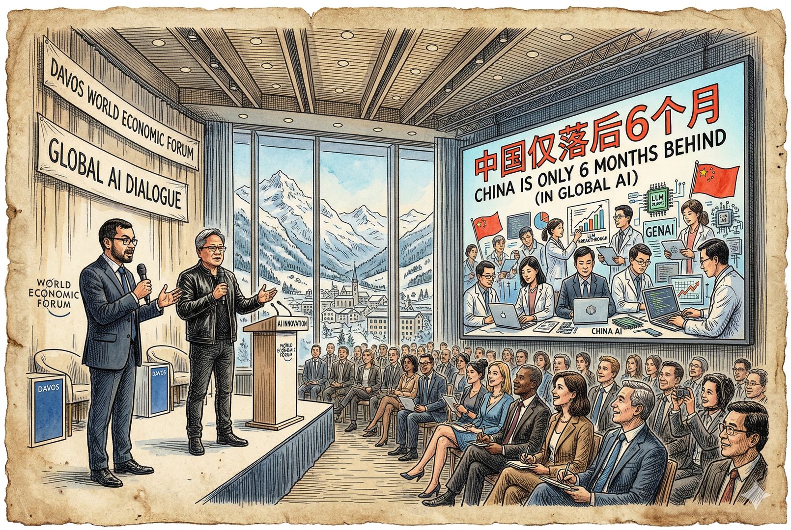 达沃斯风格的国际论坛会场，一侧是哈萨比斯与黄仁勋形象化人物在发言，另一侧大屏幕显示“中国仅落后6个月”和中国学者、工程师群像，气氛转为明亮，羊皮纸，钢笔彩色手绘的统一风格。