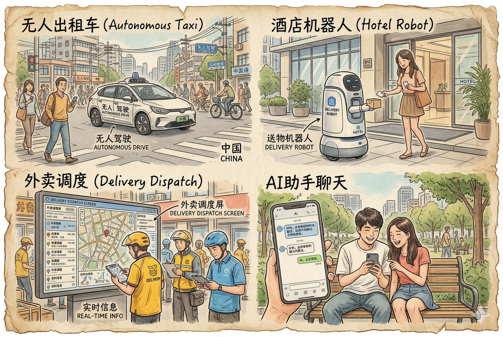 中国街头的日常场景拼贴：无人出租车驶过路口、酒店机器人送物、外卖调度屏闪烁、年轻人用手机里的AI助手聊天，市民神情轻松自然，羊皮纸，钢笔彩色手绘的统一风格。