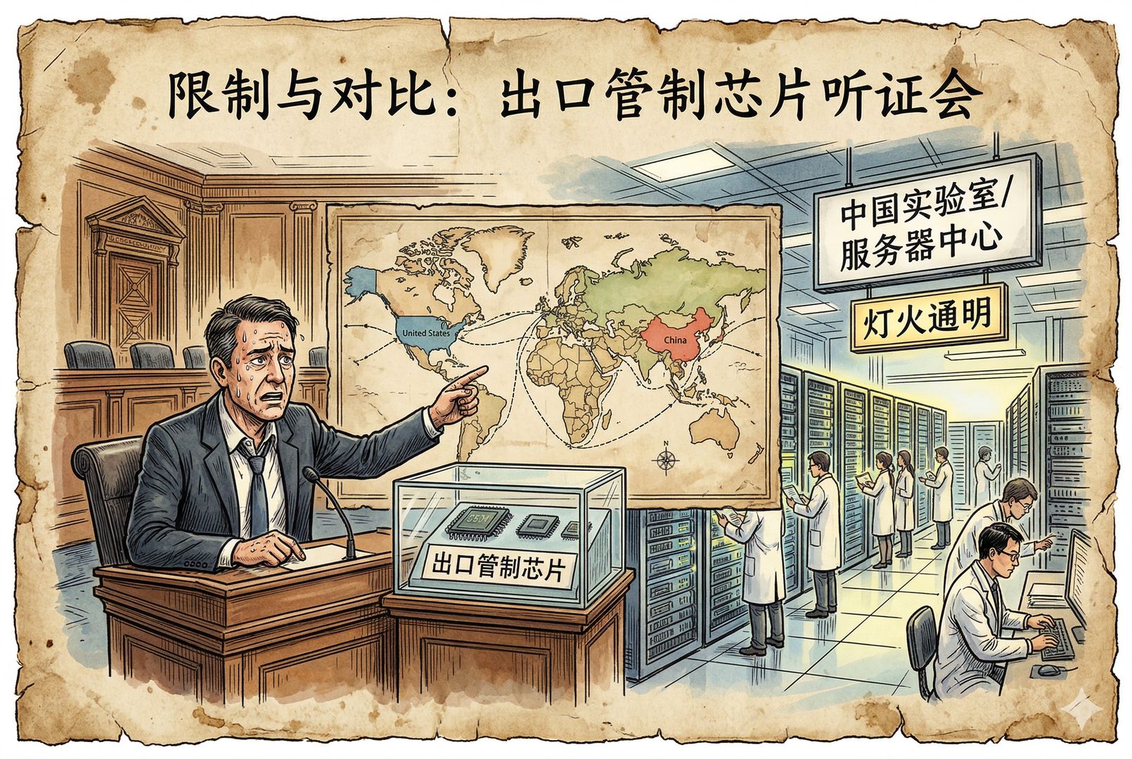 华盛顿听证会般的场景里，西装人物指着世界地图与出口管制芯片，神情焦灼；地图另一侧的中国服务器和实验室灯火通明，形成强烈对照，羊皮纸，钢笔彩色手绘的统一风格。