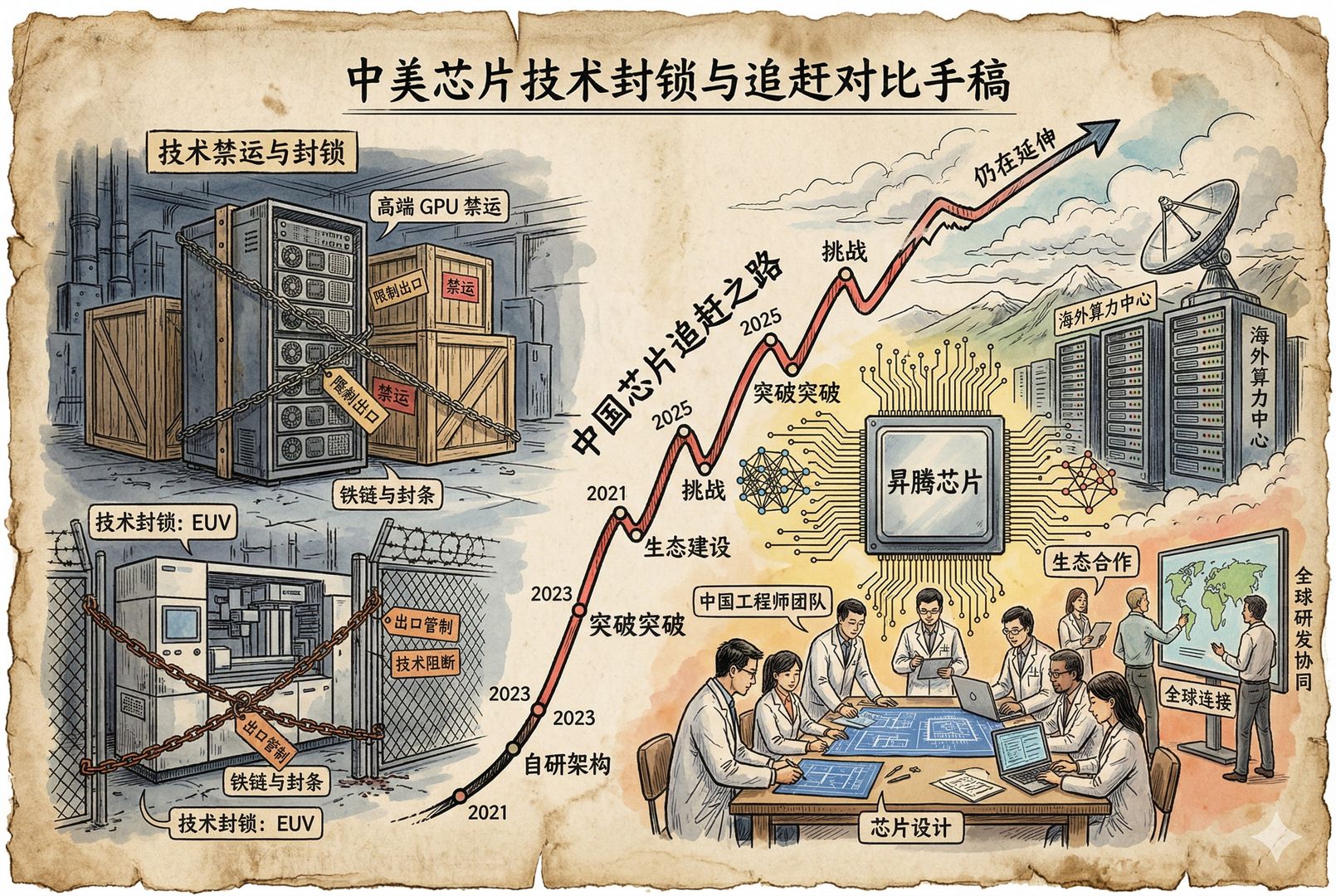 一幅对比构图：左边是被禁运标签封住的高端GPU与EUV设备，右边是昇腾芯片、海外算力中心和中国工程师协同工作的画面，中间是一条仍在延伸的追赶曲线，羊皮纸，钢笔彩色手绘的统一风格。