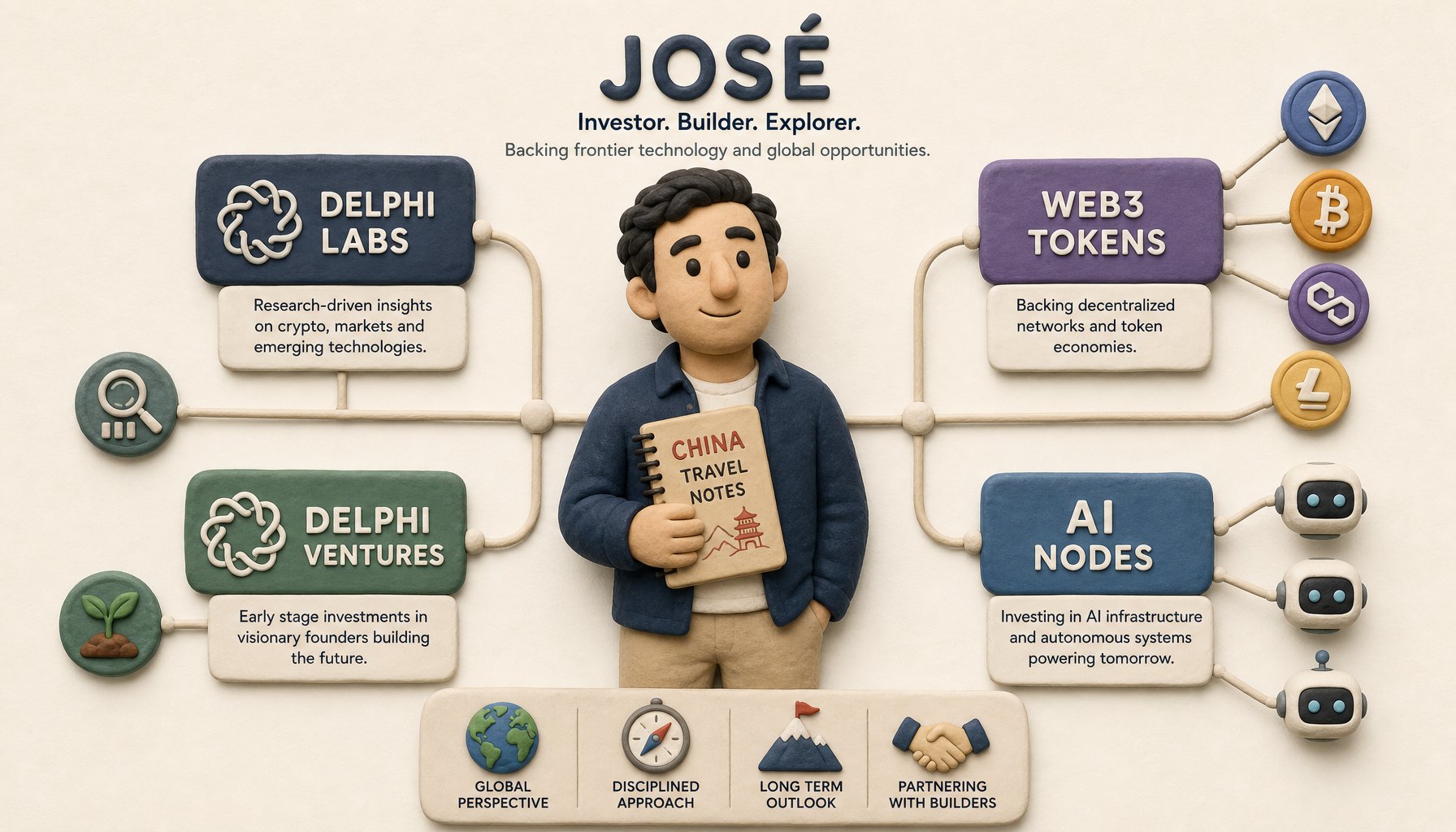 何塞站在由Delphi Labs、Delphi Ventures、Web3代币和AI机器人节点连接成的投资网络中央，手里拿着中国行程笔记，浅色背景的商业评论版橡皮泥平面信息图的统一风格。
