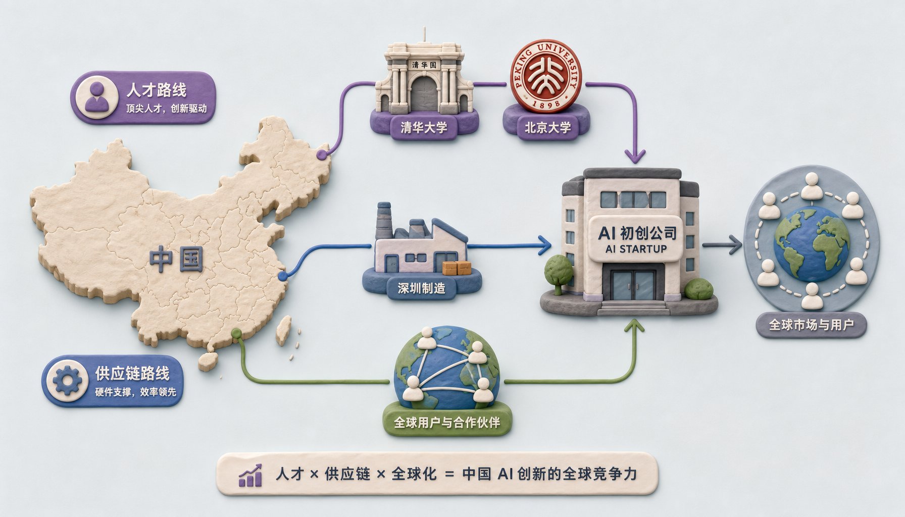 中国地图上浮现人才、供应链和出海三条路线，清华北大图标、深圳工厂图标和全球用户箭头分别连接到AI创业公司办公室，浅色背景的商业评论版橡皮泥平面信息图的统一风格。