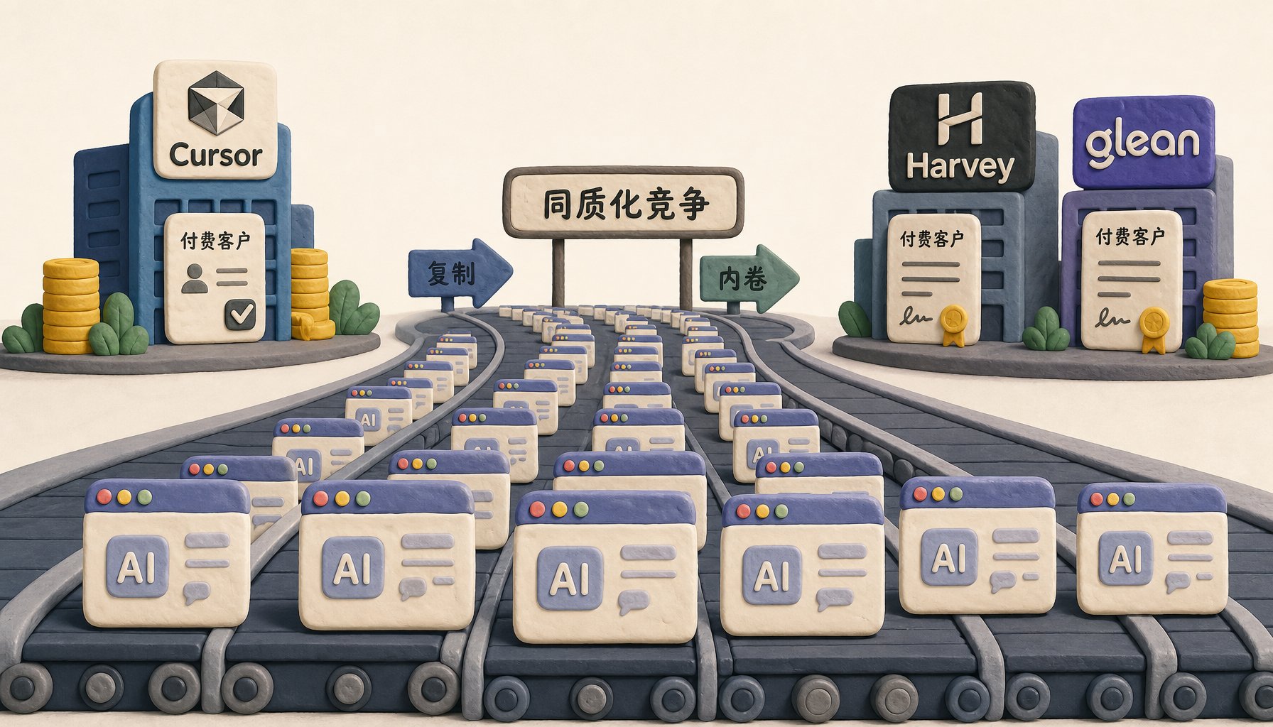 一排外观相似的中国AI软件窗口在拥挤赛道上互相复制，远处Cursor、Harvey和Glean等海外软件图标站在付费客户大楼前形成对比，浅色背景的商业评论版橡皮泥平面信息图的统一风格。