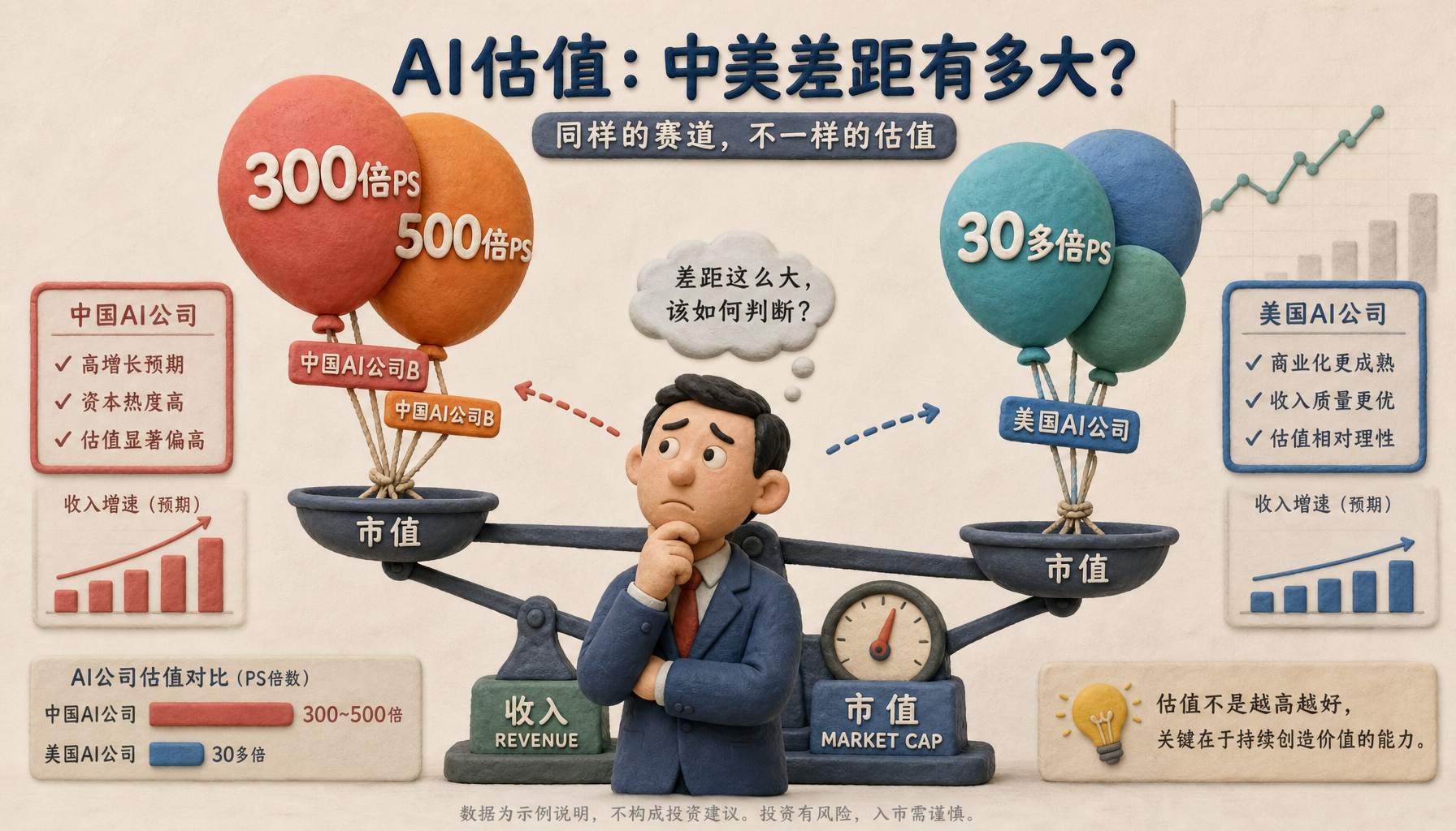 中国AI公司估值气球上写着300倍和500倍PS，美国AI公司估值气球上写着30多倍PS，投资人站在天平旁边皱眉比较收入与市值，浅色背景的商业评论版橡皮泥平面信息图的统一风格。