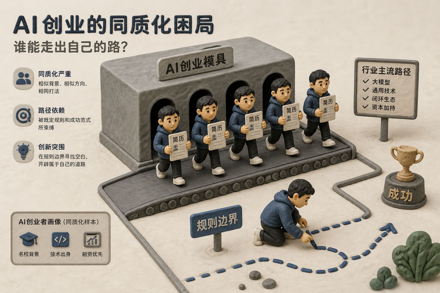 多位中国AI创始人穿着相似、拿着相同简历从同一个模具里走出，其中一人偷偷在规则边界上画出不同路线，浅色背景的商业评论版橡皮泥平面信息图的统一风格。