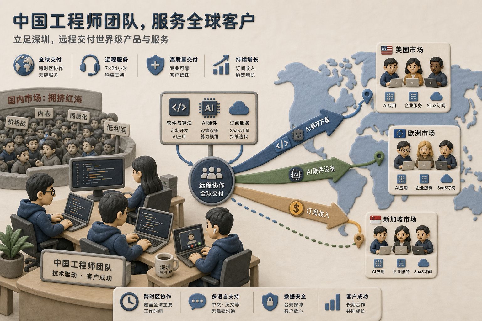 中国工程师团队坐在深圳办公室里远程服务全球客户，代码、AI硬件和订阅收入箭头飞向美国、欧洲和新加坡市场，国内拥挤红海被放在背景一角，浅色背景的商业评论版橡皮泥平面信息图的统一风格。