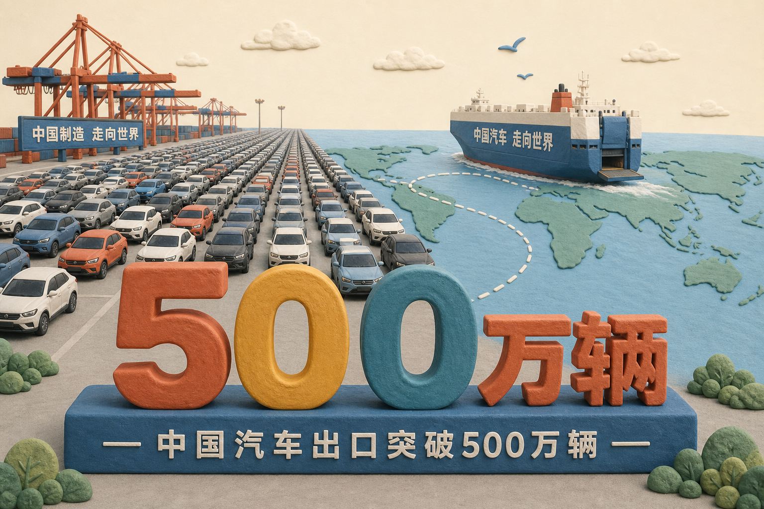 中国海港上整齐排列的大量国产汽车延伸至地平线,前景是醒目的500万辆数字牌,远处滚装船驶向世界地图形状的海面,浅色背景的商业评论版橡皮泥平面信息图的统一风格。