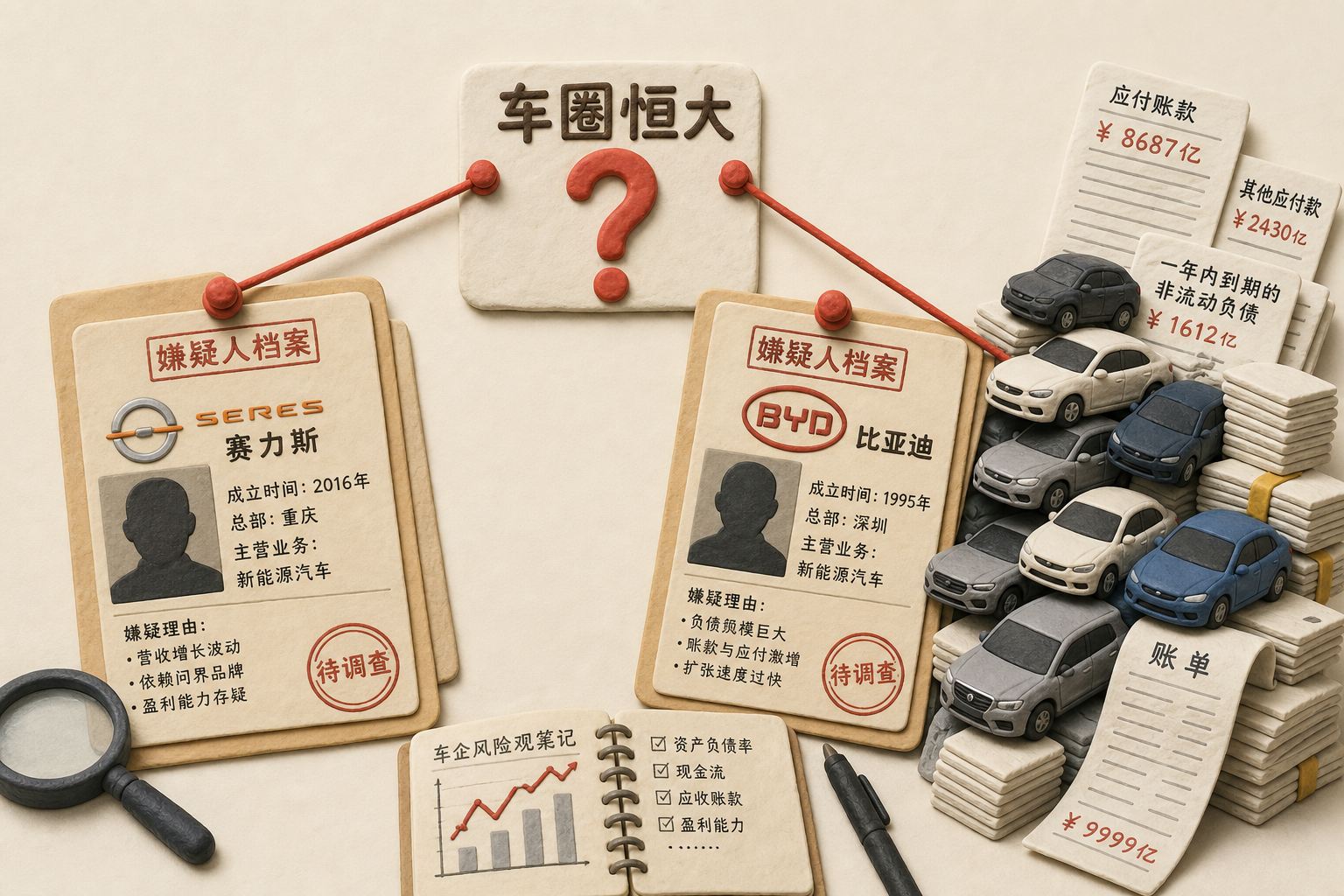 桌面上摆着赛力斯与比亚迪两张嫌疑人档案卡,红线连接到写着车圈恒大的问号,比亚迪档案旁堆着大量汽车与账单,浅色背景的商业评论版橡皮泥平面信息图的统一风格。