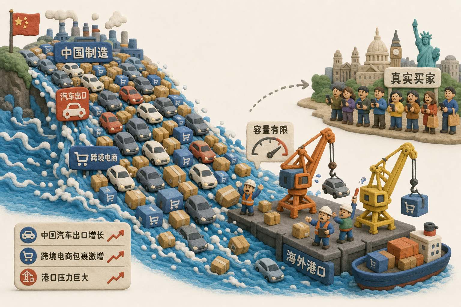中国汽车和电商包裹形成巨大洪流涌入一个容量较小的海外港口,港口工人与吊机忙乱但远处仍有真实买家等待,浅色背景的商业评论版橡皮泥平面信息图的统一风格。
