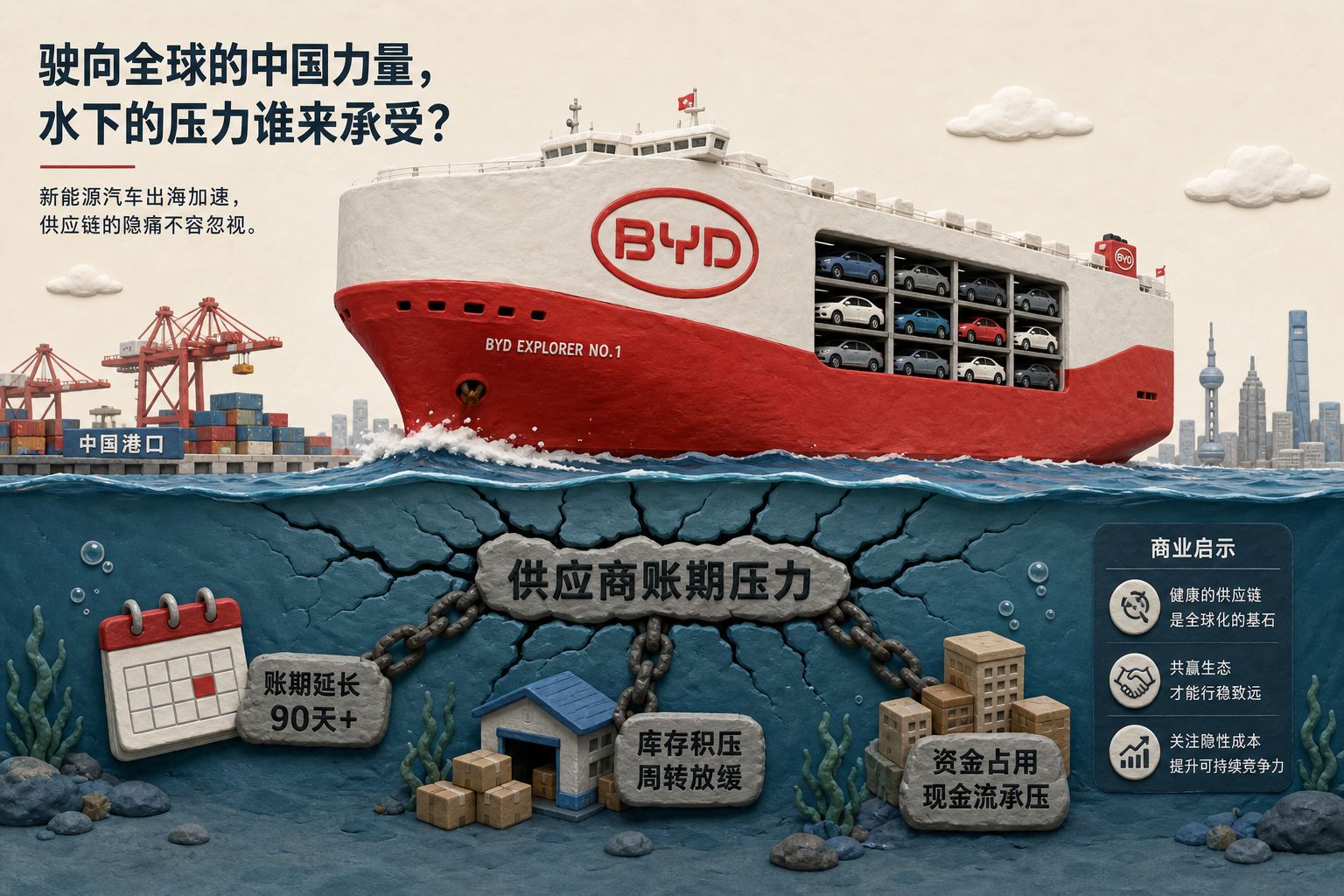 巨大的白色红底BYD滚装船满载汽车驶离港口,水面以上光鲜明亮,水面以下映出供应商账期和库存压力的裂纹,浅色背景的商业评论版橡皮泥平面信息图的统一风格。
