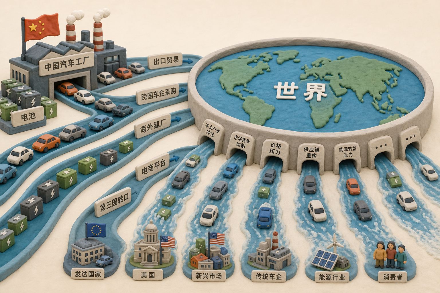 中国汽车工厂溢出的汽车和电池沿多条渠道流入标着世界的巨大蓄水池,池壁上开出多个泄洪口,浅色背景的商业评论版橡皮泥平面信息图的统一风格。