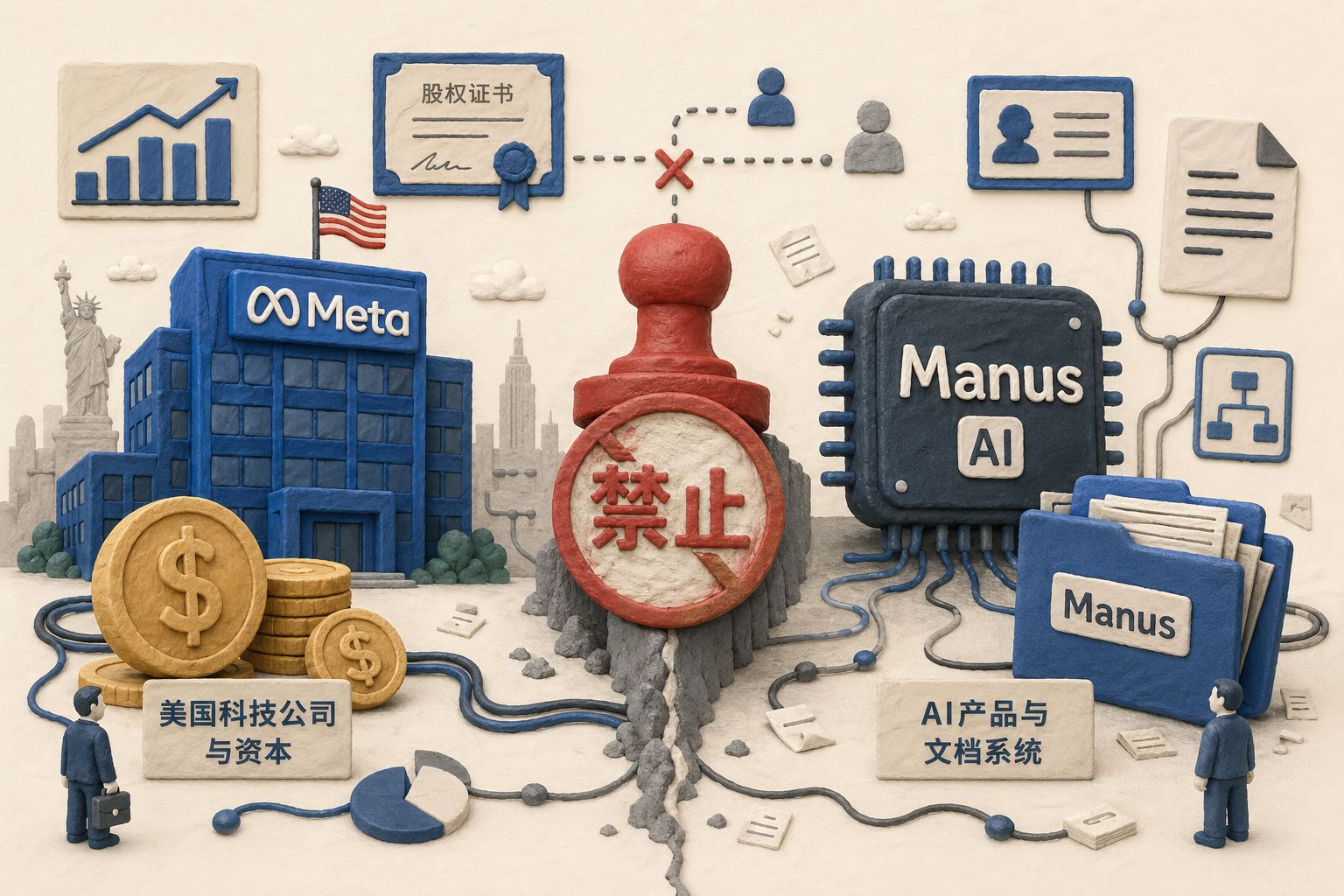 左侧是Meta蓝色办公楼与美元硬币，右侧是写着Manus的AI芯片和文件夹，中间被一枚红色监管印章“禁止”隔开，周围有数据线、股权证书和小型人物剪影，浅色背景的商业评论版橡皮泥平面信息图的统一风格。