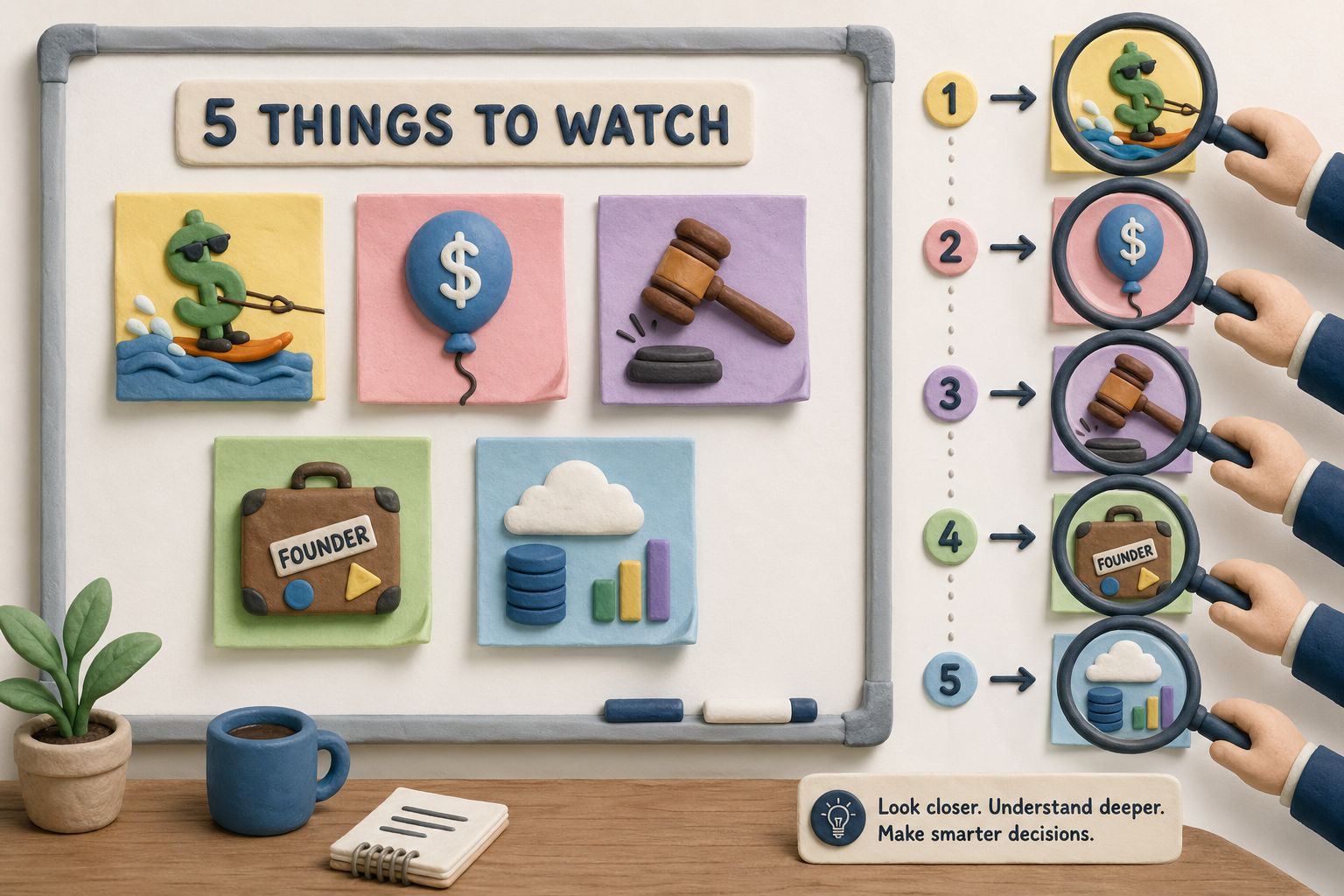 五张便利贴贴在白色看板上，分别画着美元水漂、估值气球、违约金锤子、创始人行李箱和数据云朵，旁边有放大镜正在逐一核查，浅色背景的商业评论版橡皮泥平面信息图的统一风格。