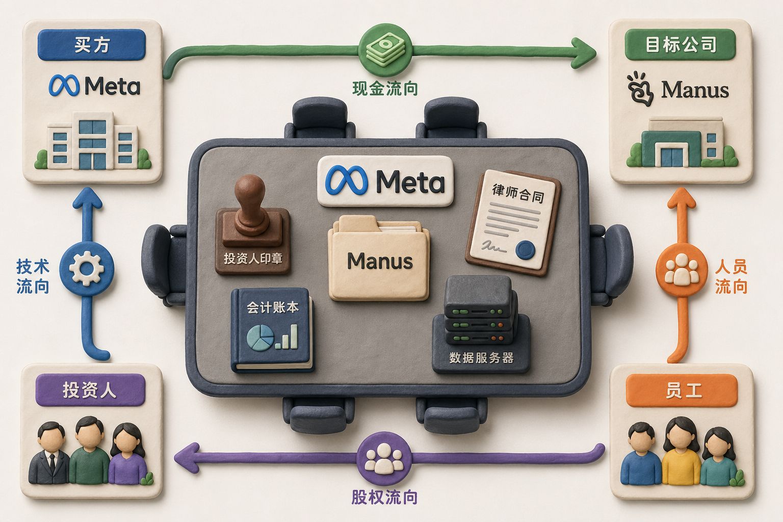一张跨国并购交易桌俯视图，桌上摆着Meta标志、Manus文件夹、投资人印章、律师合同、会计账本和数据服务器小模型，四方用彩色箭头连接现金、股权、技术和人员流向，浅色背景的商业评论版橡皮泥平面信息图的统一风格。