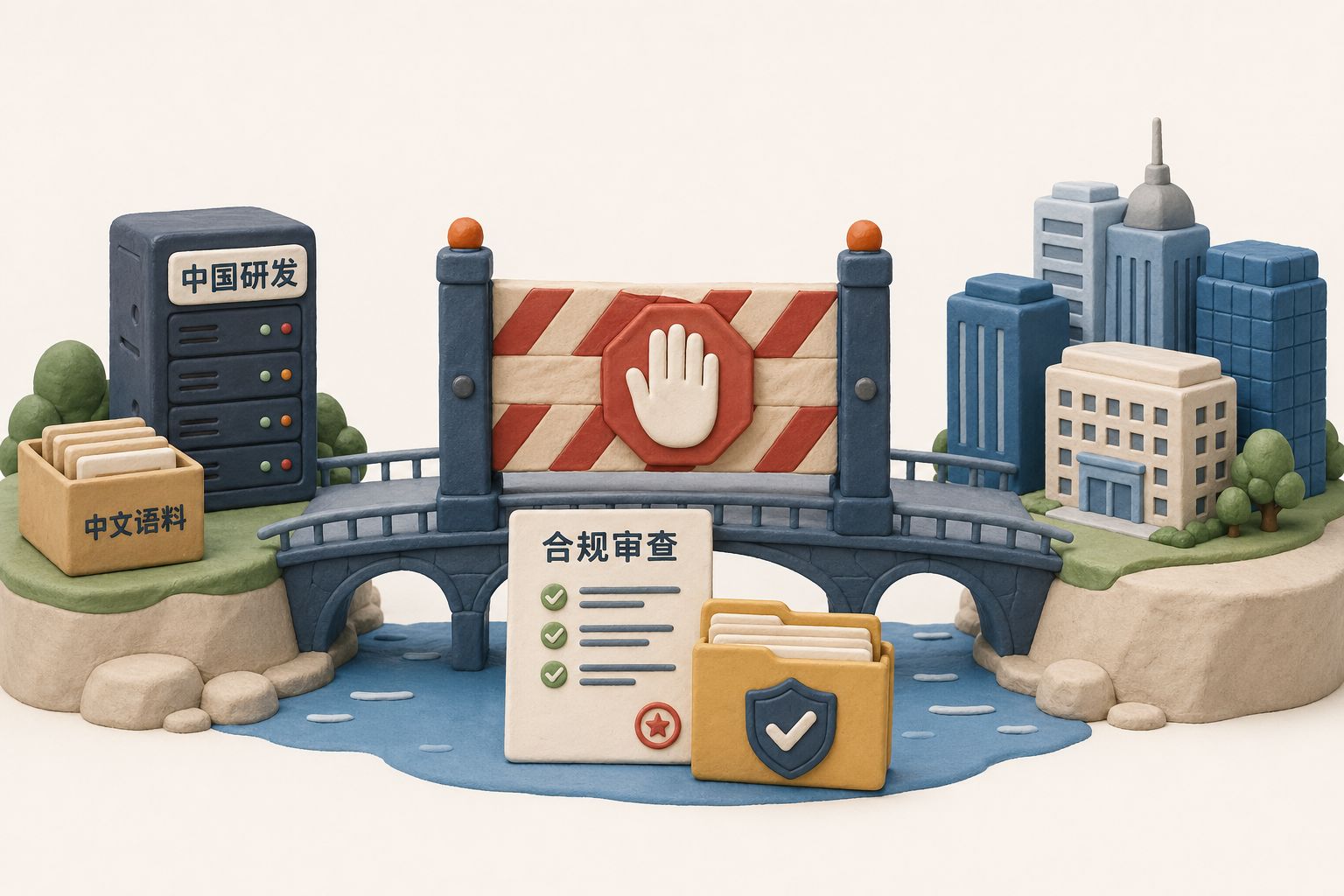 一个巨大的监管闸门横在跨境数据桥上，桥一端是写着中国研发的服务器和中文语料箱，另一端是海外办公楼，闸门前有公告文件和停止手势，浅色背景的商业评论版橡皮泥平面信息图的统一风格。